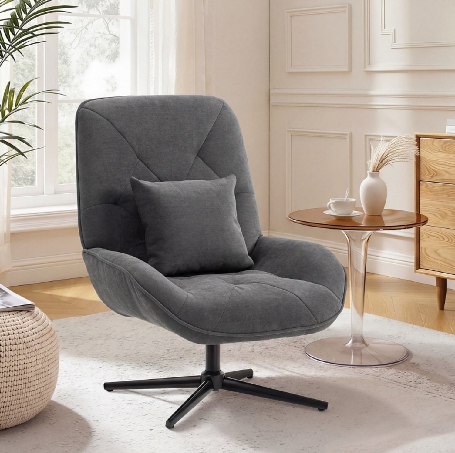 MODENUIT Fauteuil 72 x 92 x 96 cm - Draaibaar met Lendekussen - Woonkamer - Chenille - Donkergrijs