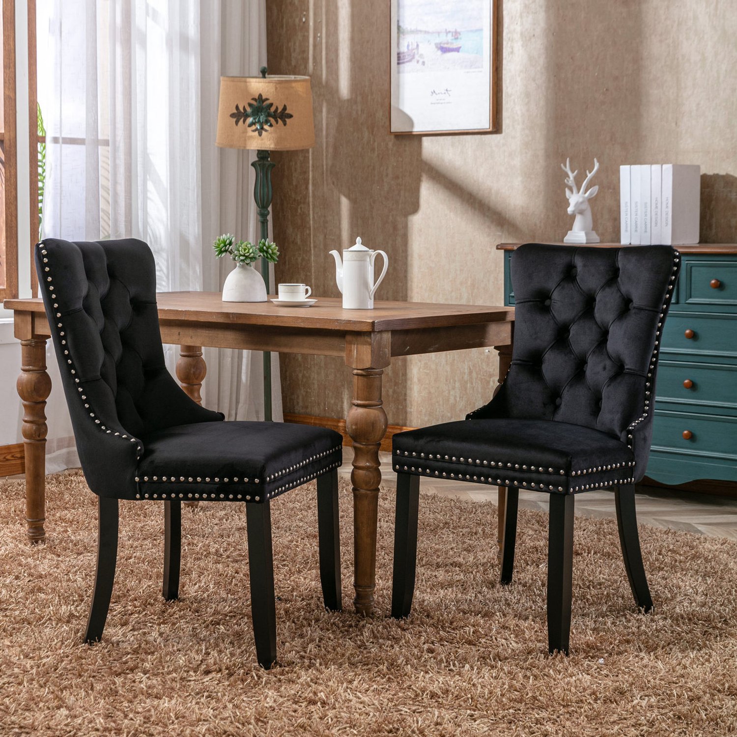 MODENUIT Eetkamerstoel 50 x 65 x 95 cm - Set van 2 met Hoge Rugleuning - Eetkamer - Hout en Fluweel - Zwart