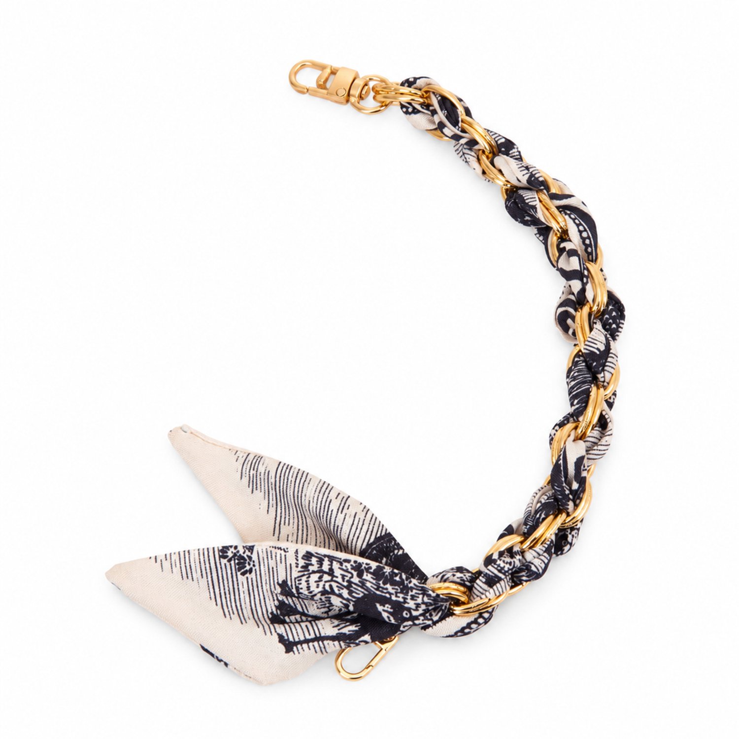 Telefoonkoord 32 cm - korte draagketting met ingeweven polyester sjaalstof, metalen sluitingen en decoratieve knoop
