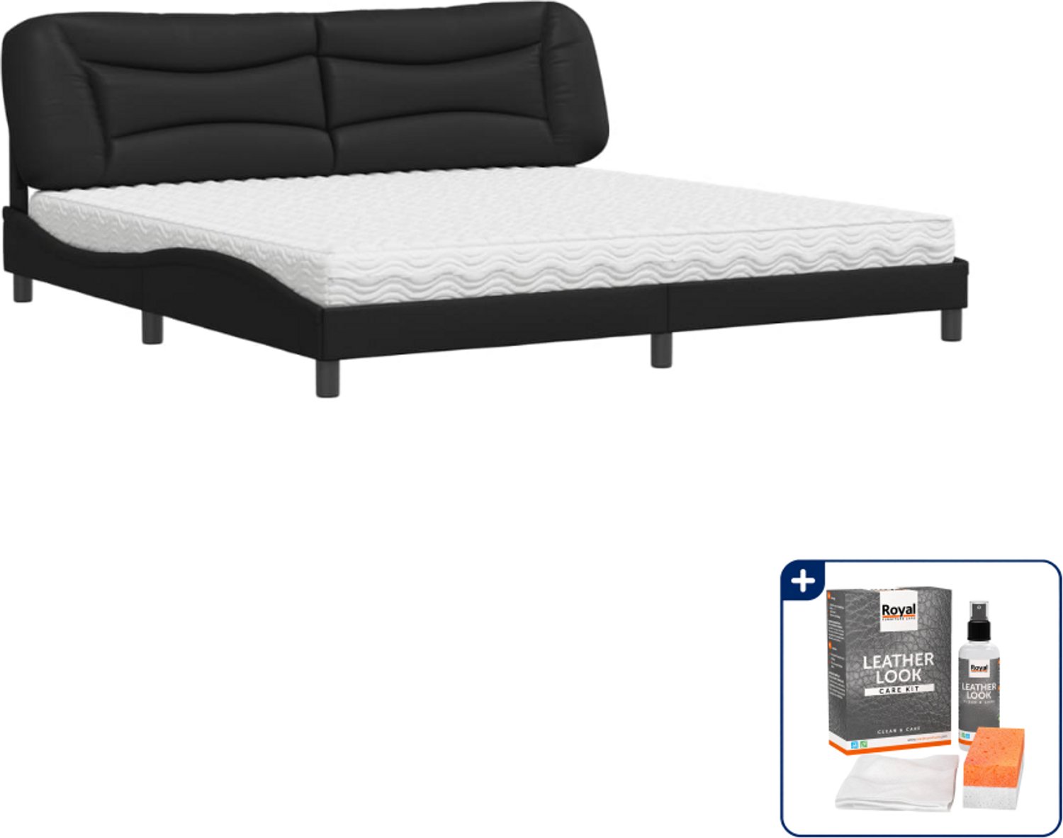 vidaXL Bed Hvar met matras - 200 x 200 cm - kunstleer - zwart - Inclusief onderhoudsset voor kunstleer 150 ml Grijs