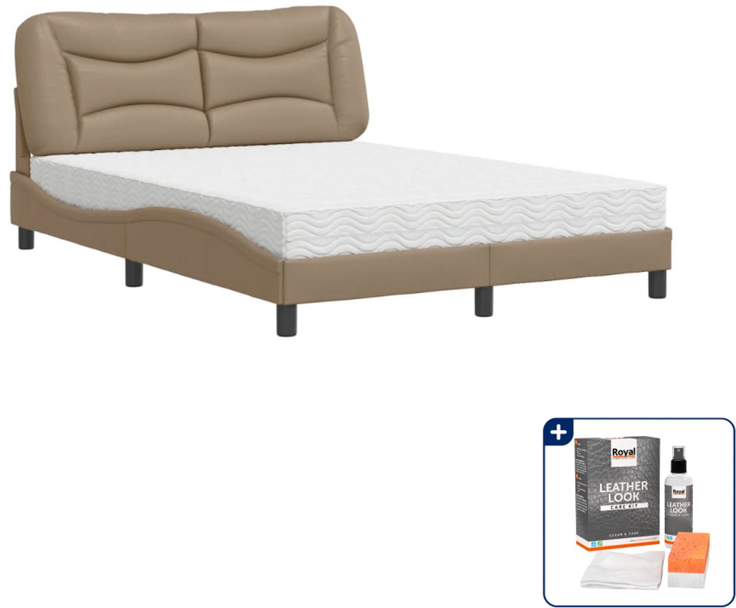 vidaXL Hvar bed met matras - Small double - 140 x 200 cm - cappuccino - Inclusief onderhoudsset voor kunstleer 150 ml Bruin
