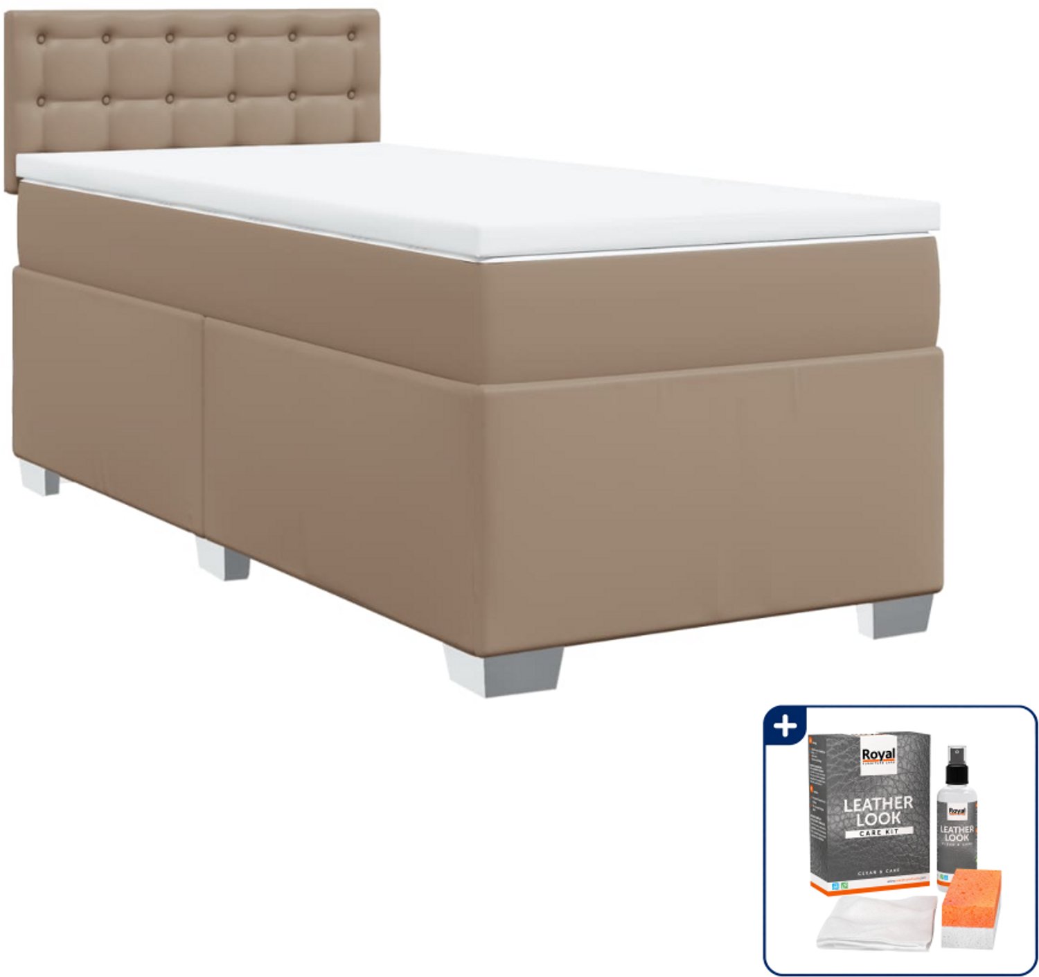 vidaXL boxspring met matras 80 x 200 cm - kunstleer - cappuccino - Inclusief onderhoudsset voor kunstleer 150 ml Bruin
