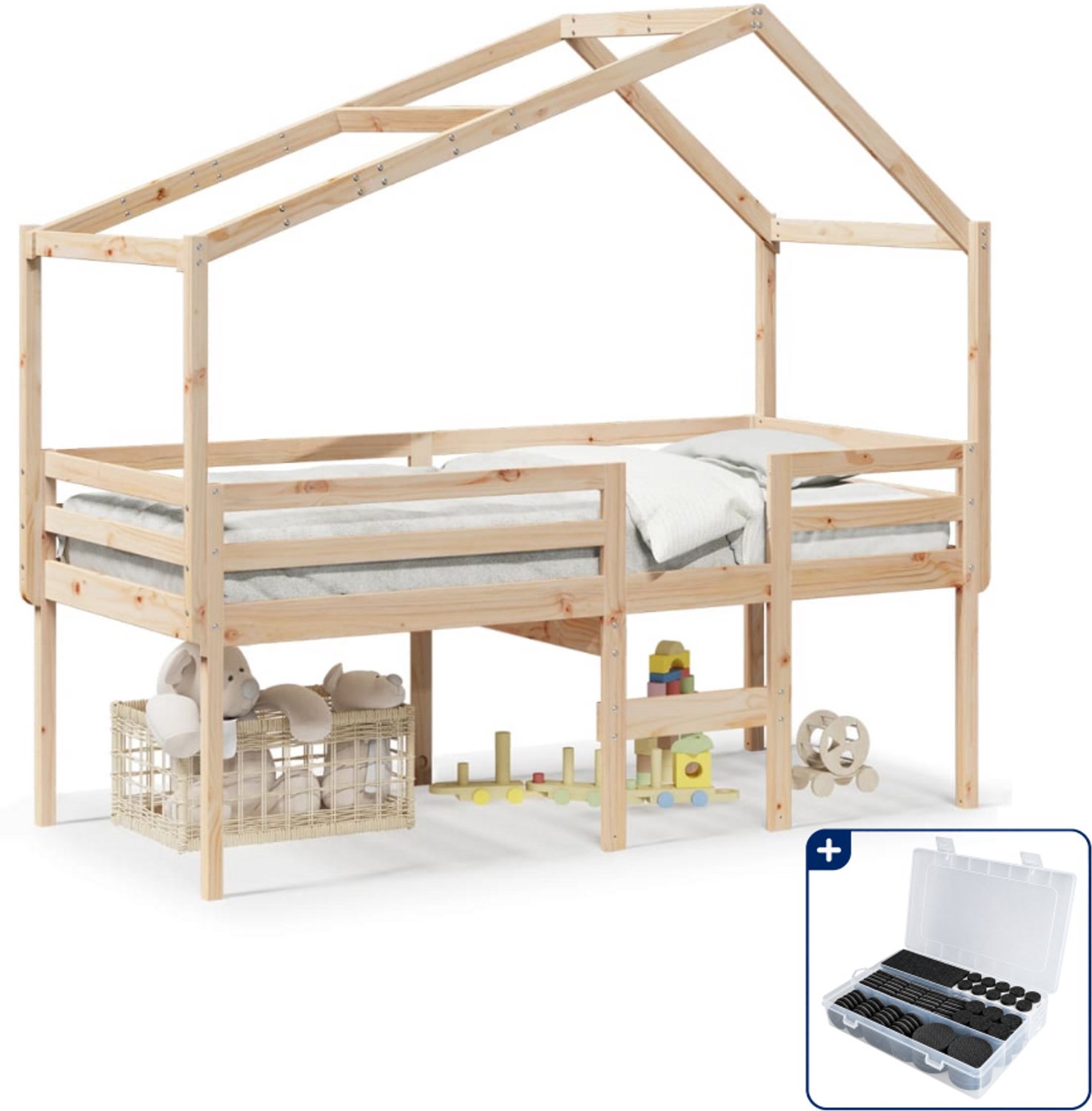vidaXL hoogslaper met dak - 75 x 190 cm - massief grenenhout - wasbruin - Inclusief antikrasvilt 177-delig