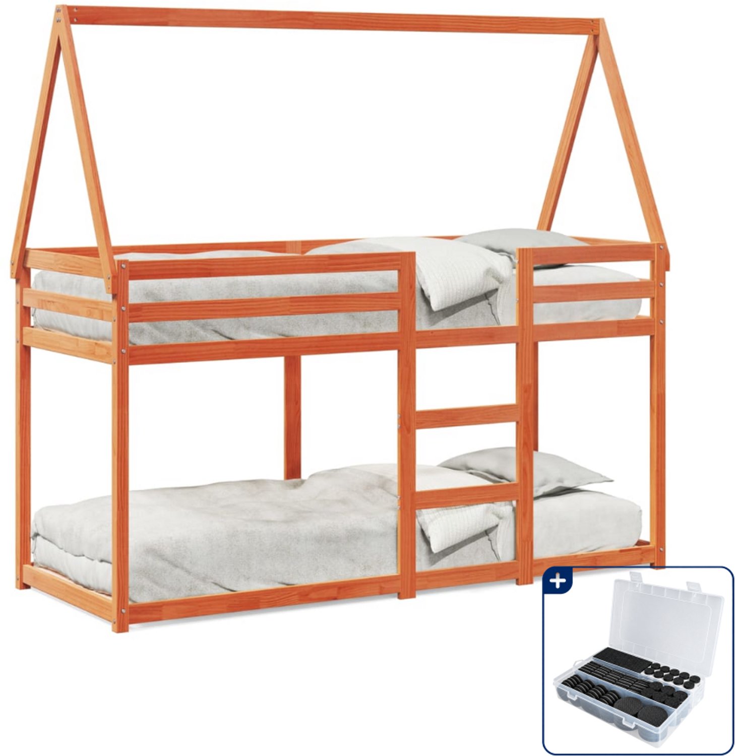 vidaXL stapelbed met bedhuis - 90 x 200 cm - massief grenenhout - wasbruin - Inclusief antikrasvilt 177-delig