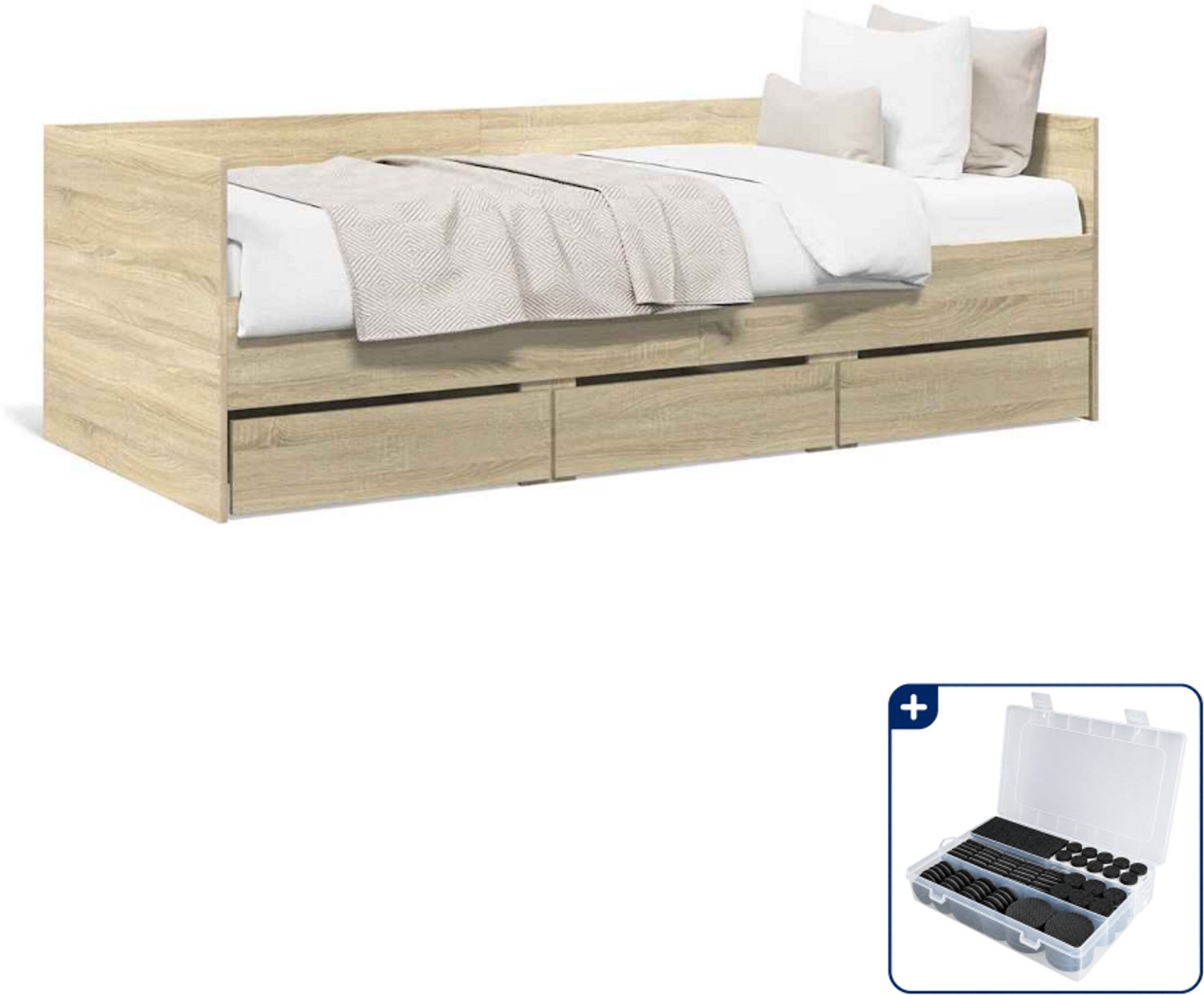 vidaXL slaapbank met 3 lades - 75 x 190 cm - bewerkt hout - sonoma eiken - Inclusief antikrasvilt 177-delig Bruin