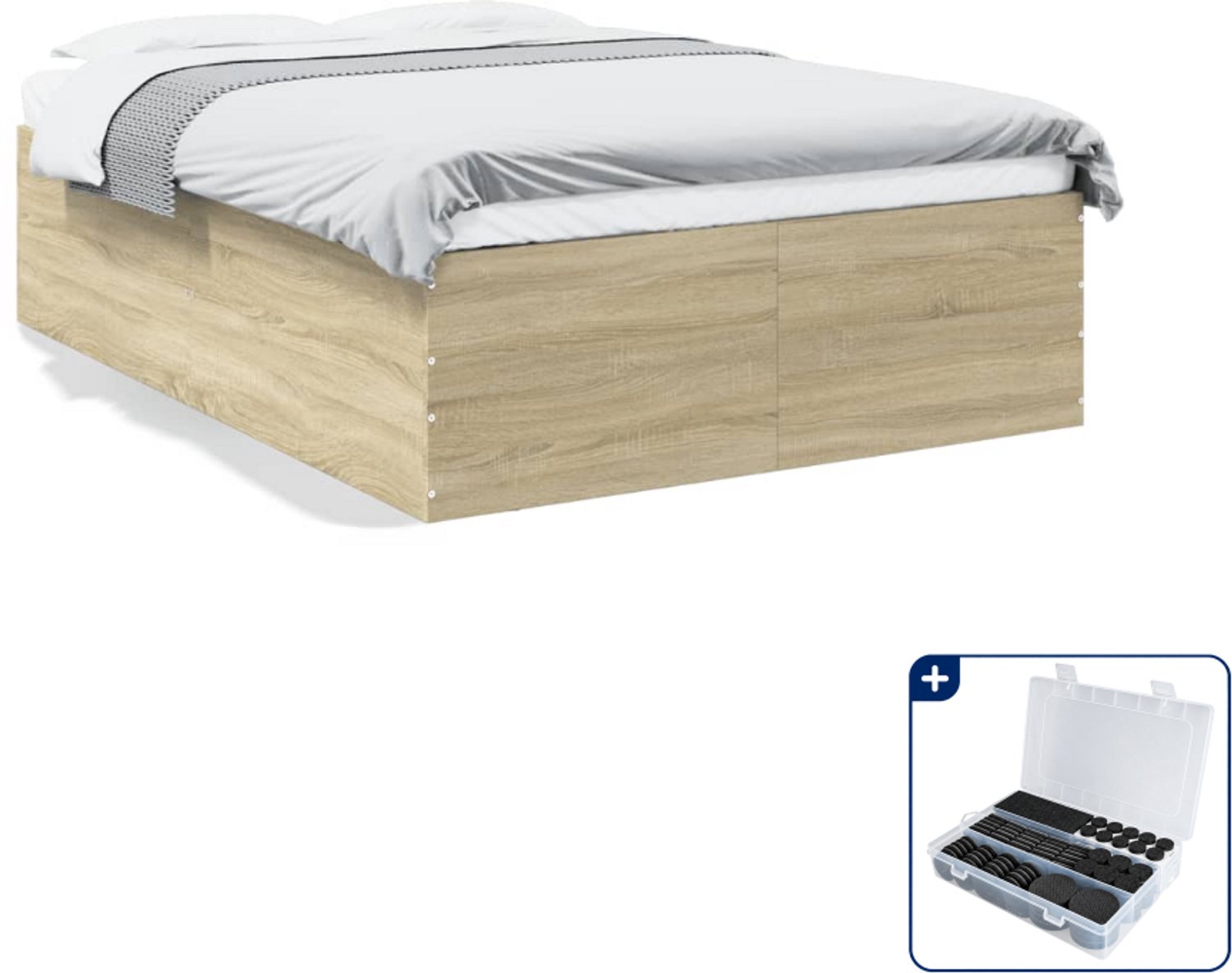 vidaXL bedframe - 135 x 190 cm - bewerkt hout - sonoma eiken - Inclusief antikrasvilt 177-delig Bruin