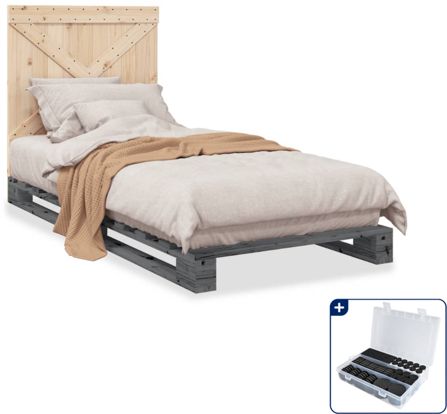 vidaXL bedframe met hoofdbord - 90 x 200 cm - massief grenenhout - grijs - Inclusief antikrasvilt 177-delig Bruin