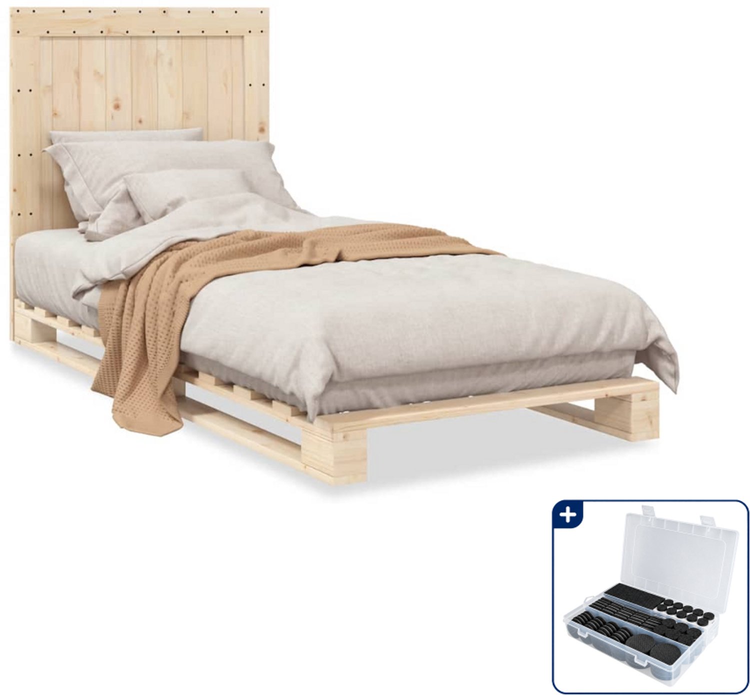 vidaXL bedframe met hoofdbord - 90 x 200 cm - massief grenenhout - Inclusief antikrasvilt 177-delig Bruin