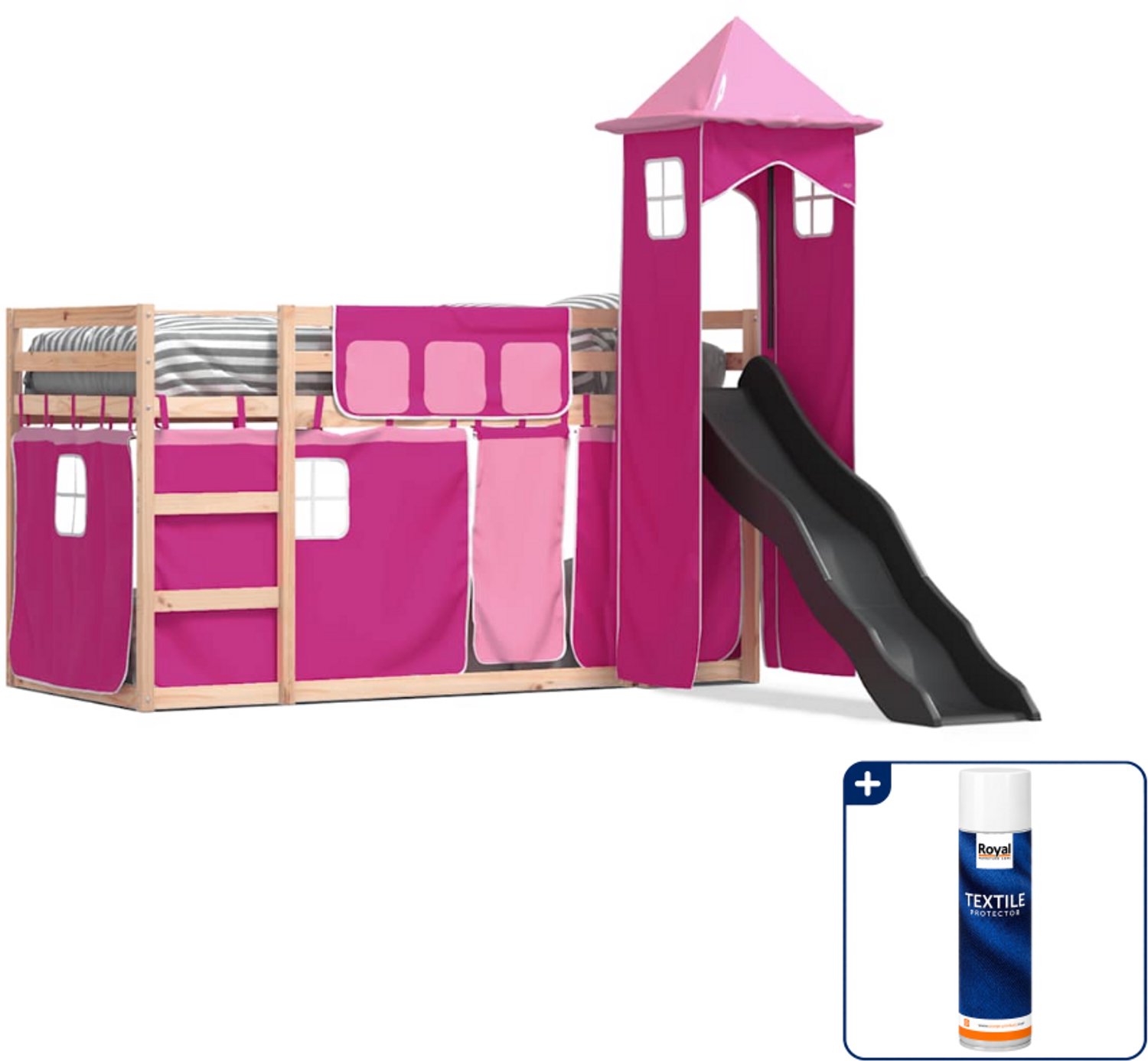 vidaXL stapelbed met glijbaan - 80 x 200 cm - massief grenenhout - roze - Inclusief textielbeschermer 500 ml Wit