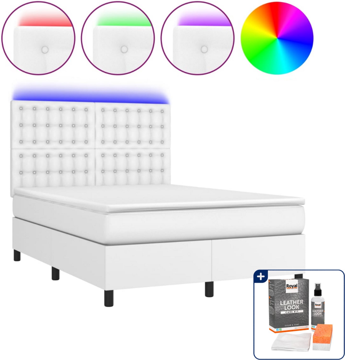 vidaXL Boxspring - Small double - 140 x 200 cm - wit - Inclusief onderhoudsset voor kunstleer 150 ml