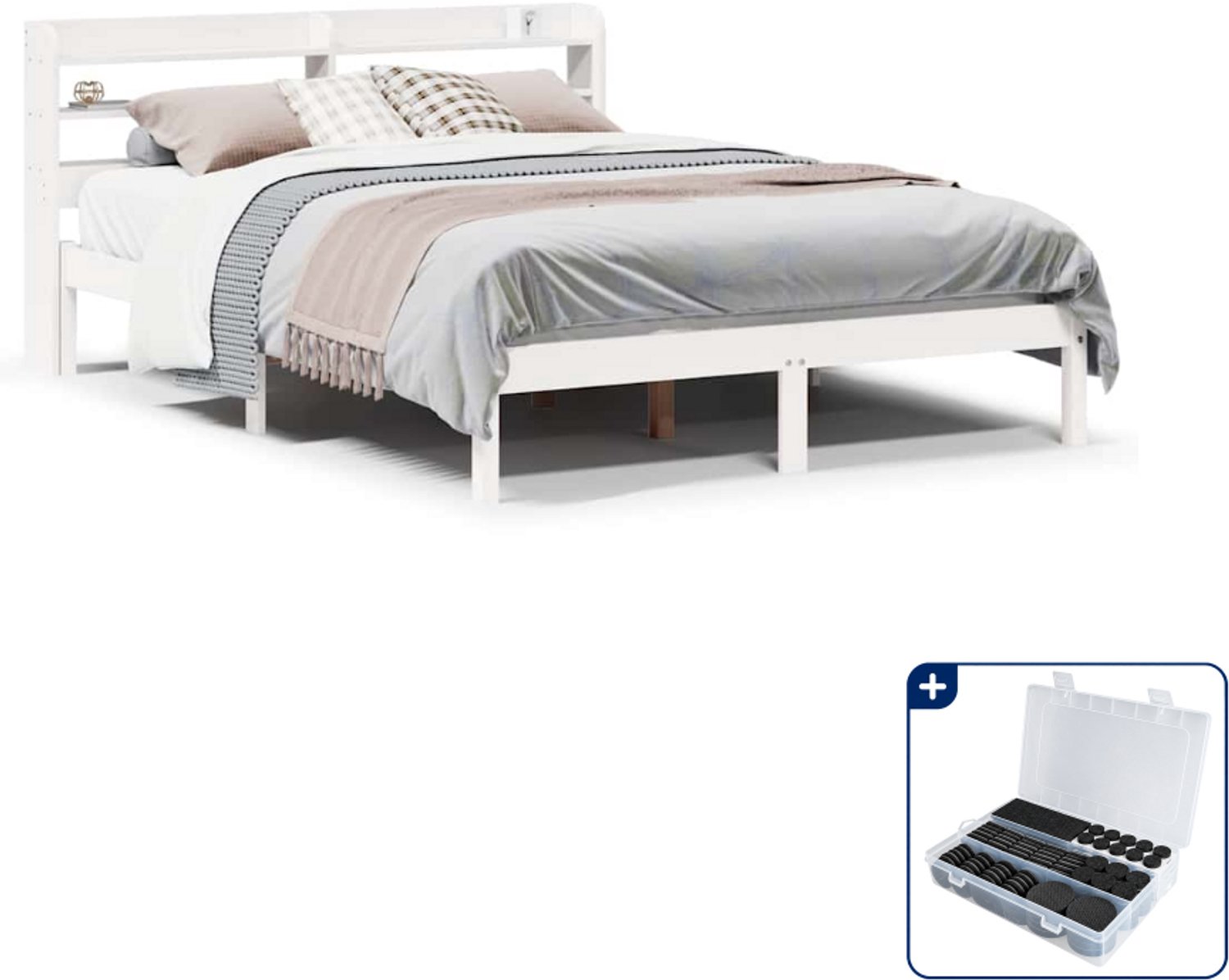 vidaXL Bedframe - 135 x 190 cm - massief grenenhout - wit - Inclusief antikrasvilt 177-delig Bruin