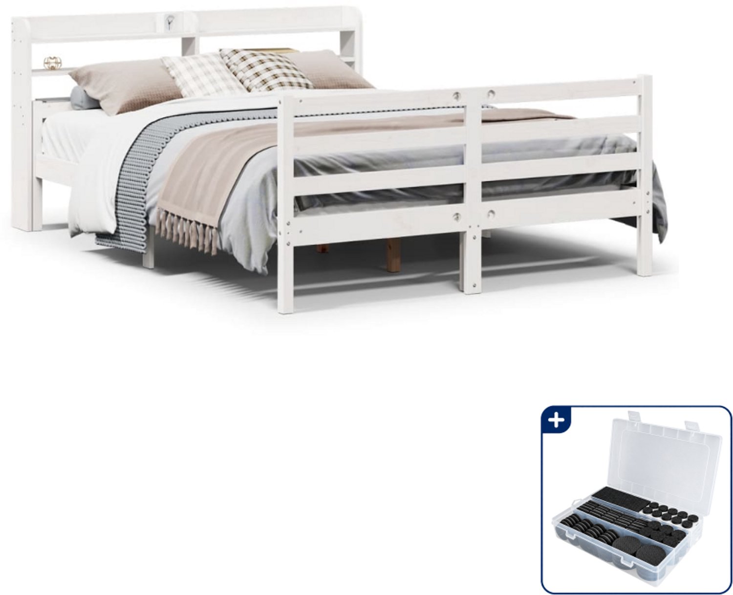 vidaXL bedframe met hoofdbord - 135 x 190 cm - massief grenenhout - wit - Inclusief antikrasvilt 177-delig