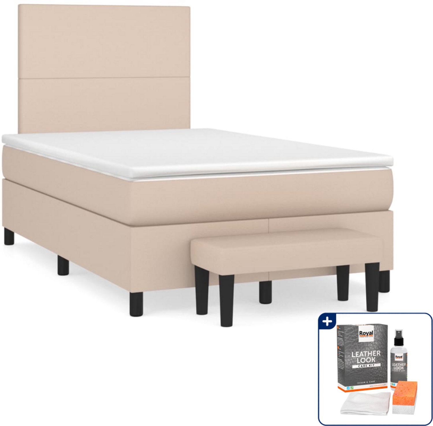 vidaXL boxspring met matras en bankje - 120 x 200 cm - kunstleer - cappuccino - Inclusief onderhoudsset voor kunstleer 150 ml Bruin