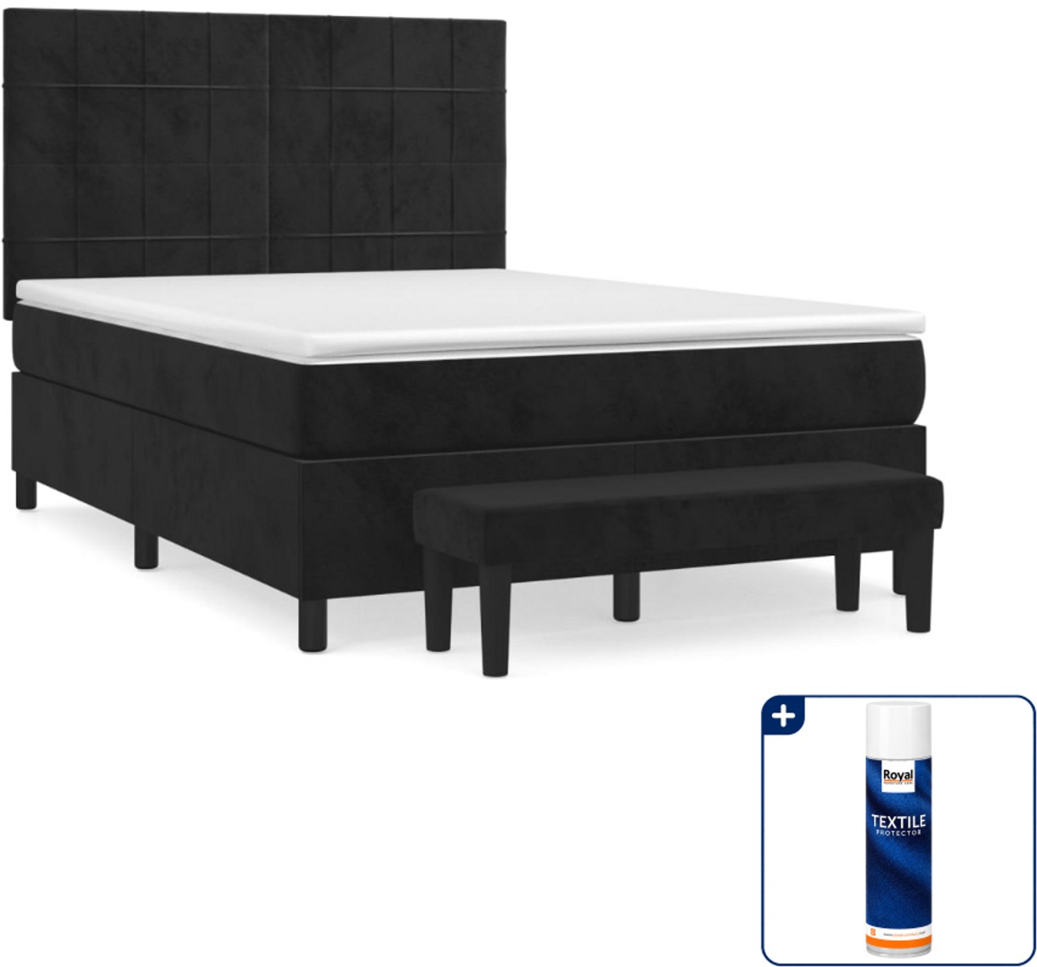 vidaXL Boxspring met matras en bankje - 140 x 190 cm - fluweel - zwart - Inclusief textielbeschermer 500 ml
