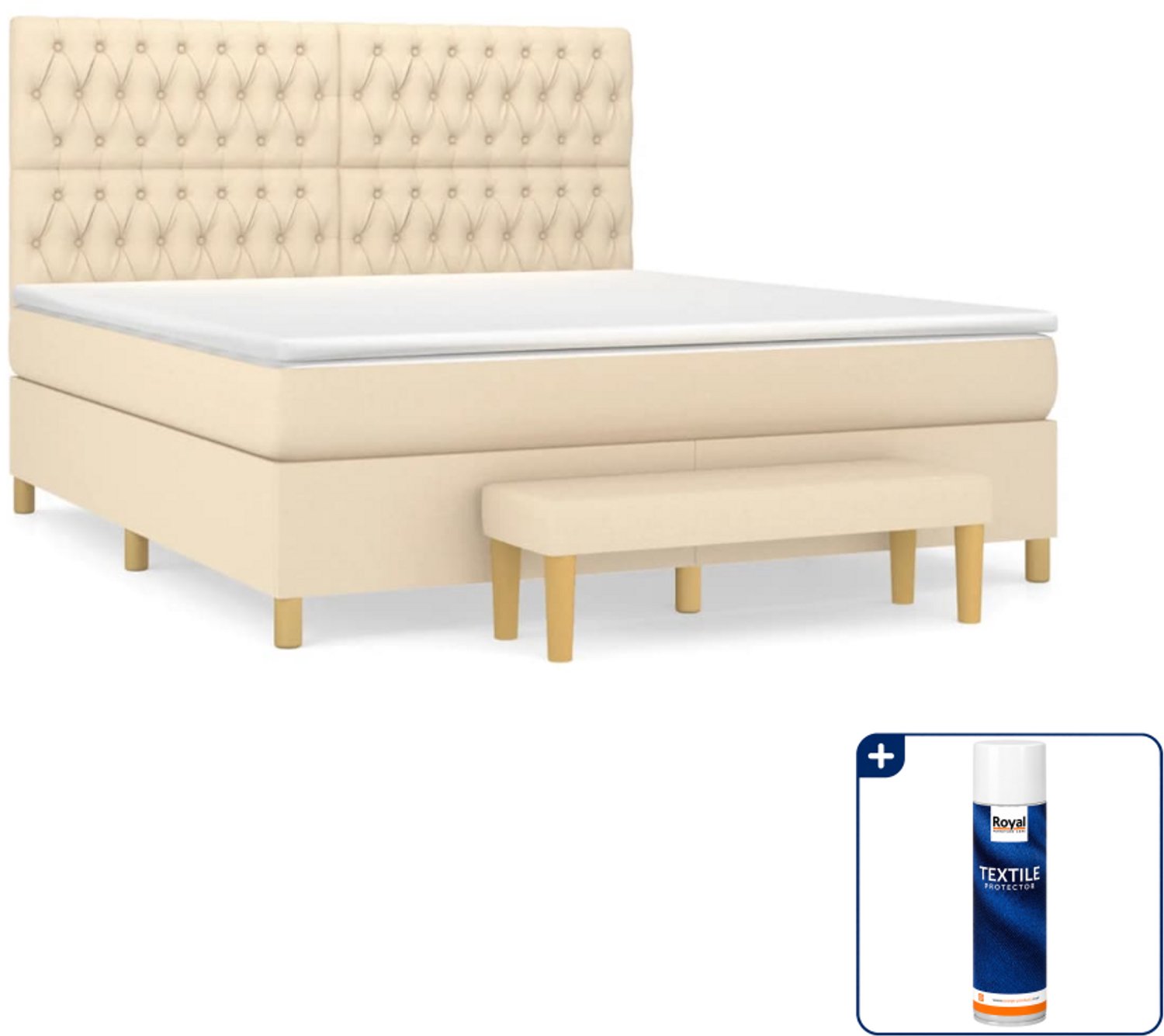 vidaXL Kingsize boxspring met matras en bankje - 180 x 200 cm - crème - Inclusief textielbeschermer 500 ml