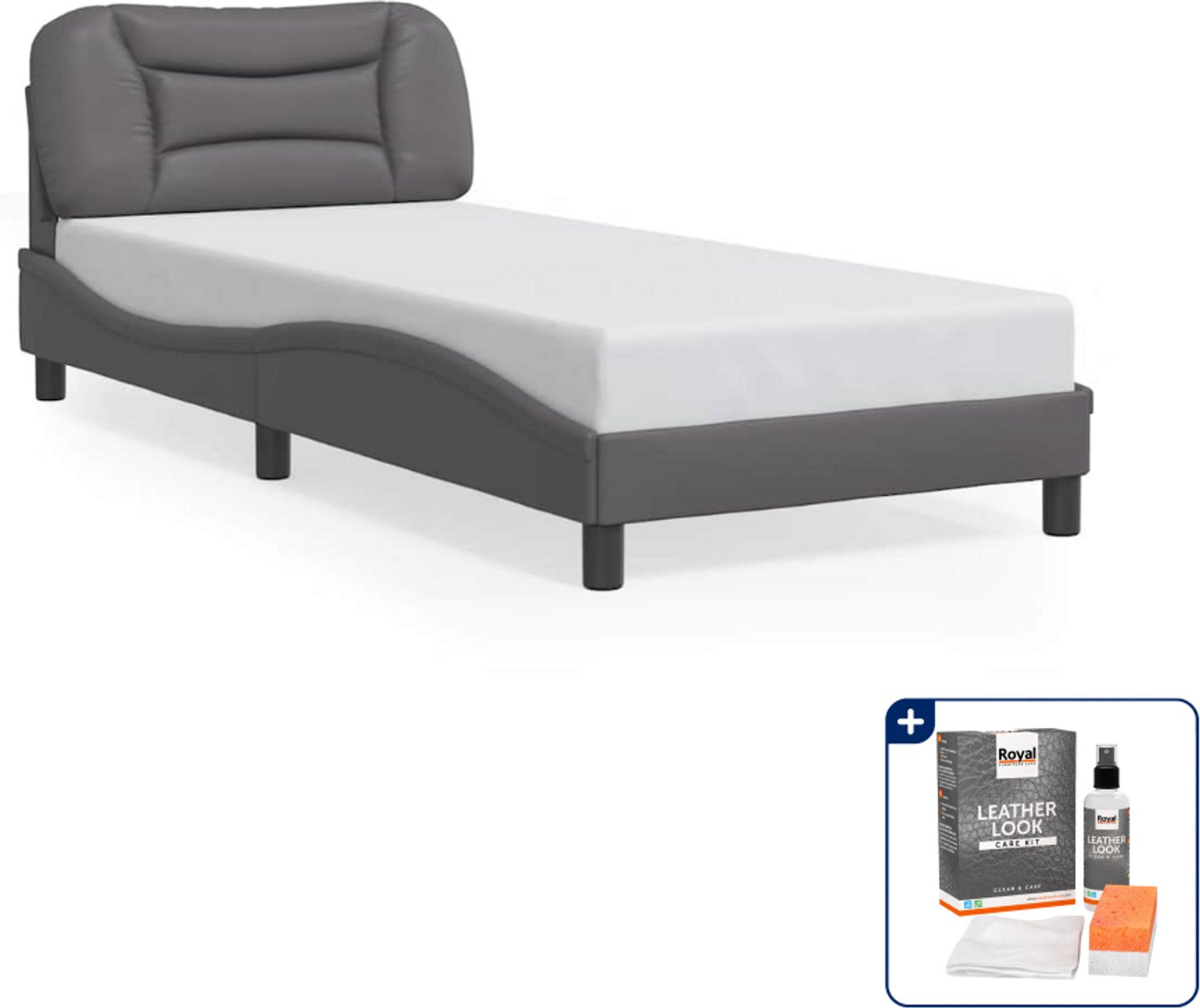 vidaXL Hvar bedframe - 90 x 190 cm - kunstleer - grijs - Inclusief onderhoudsset voor kunstleer 150 ml