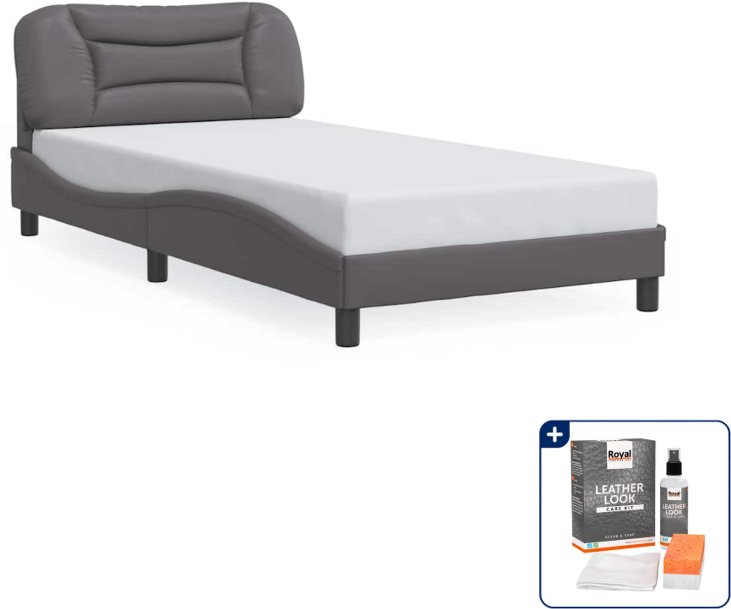 vidaXL bedframe Hvar - 100 x 200 cm - kunstleer - grijs - Inclusief onderhoudsset voor kunstleer 150 ml Zwart