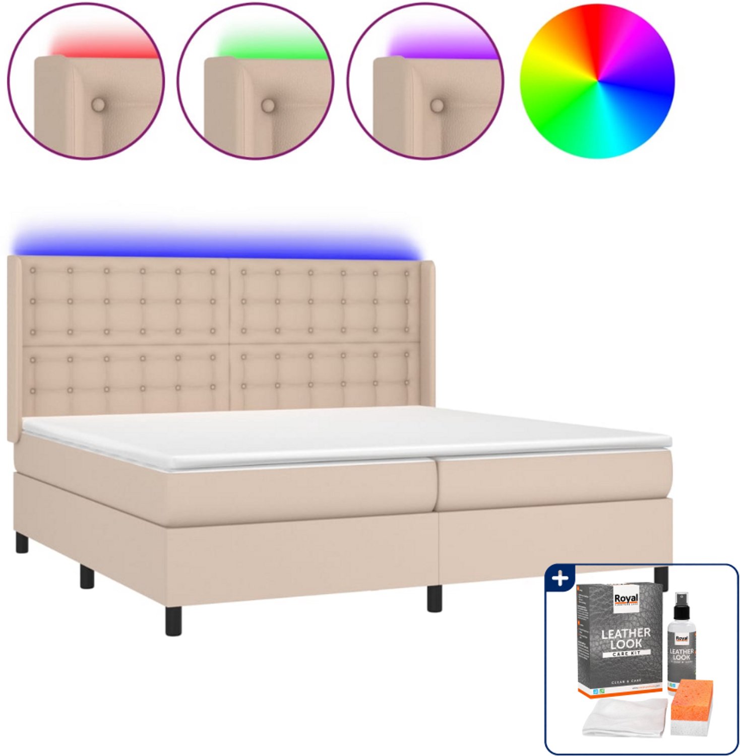 vidaXL boxspring met matras en LED - 200 x 200 cm - kunstleer - cappuccino - Inclusief onderhoudsset voor kunstleer 150 ml Bruin