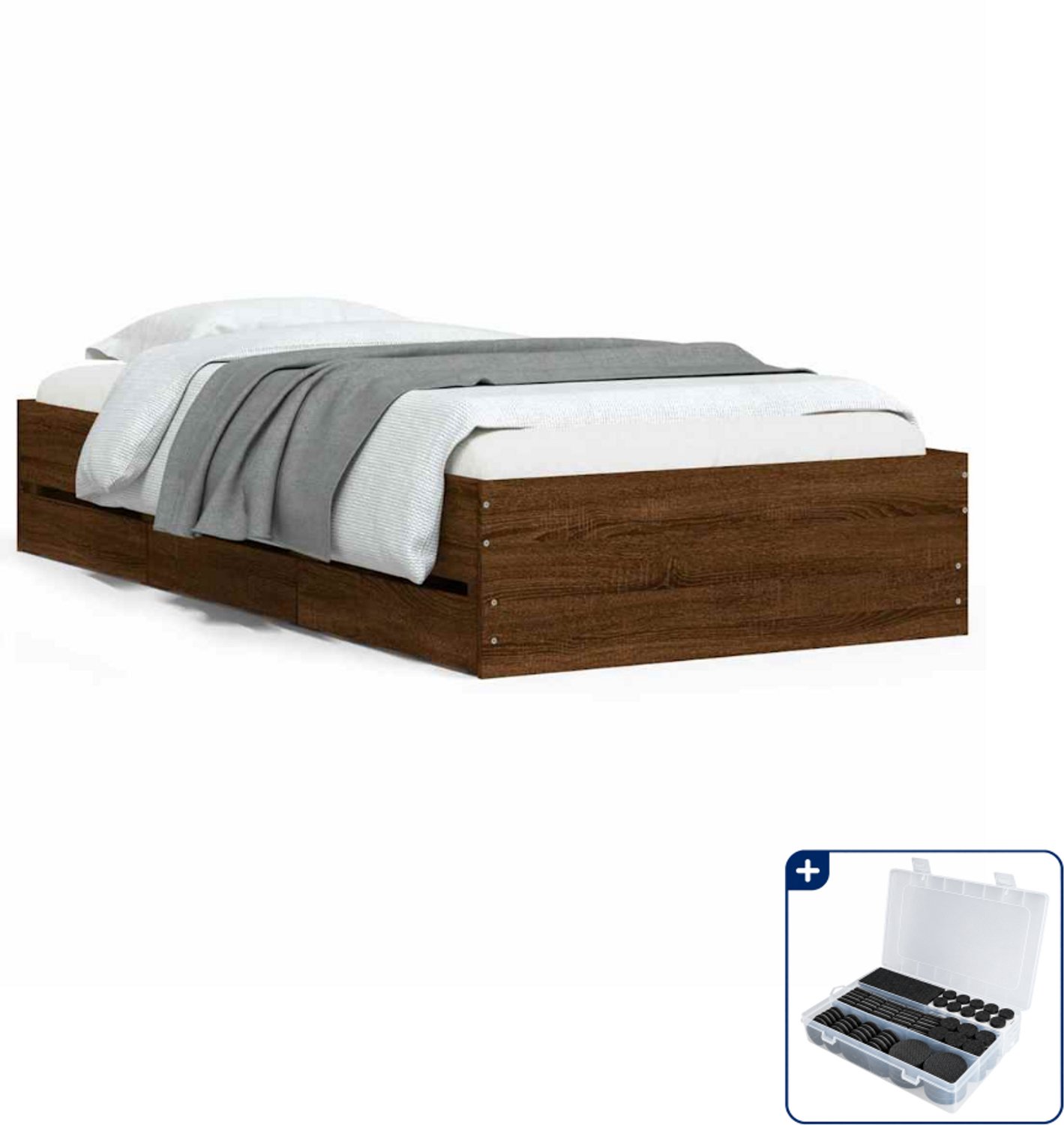 vidaXL bedframe met lades - 90 x 200 cm - bewerkt hout - bruineiken - Inclusief antikrasvilt 177-delig Grijs