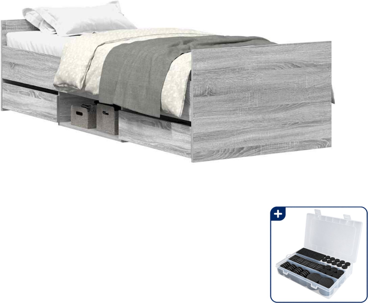vidaXL bedframe met lades 90 x 200 cm - grijs sonoma - Inclusief antikrasvilt 177-delig Bruin