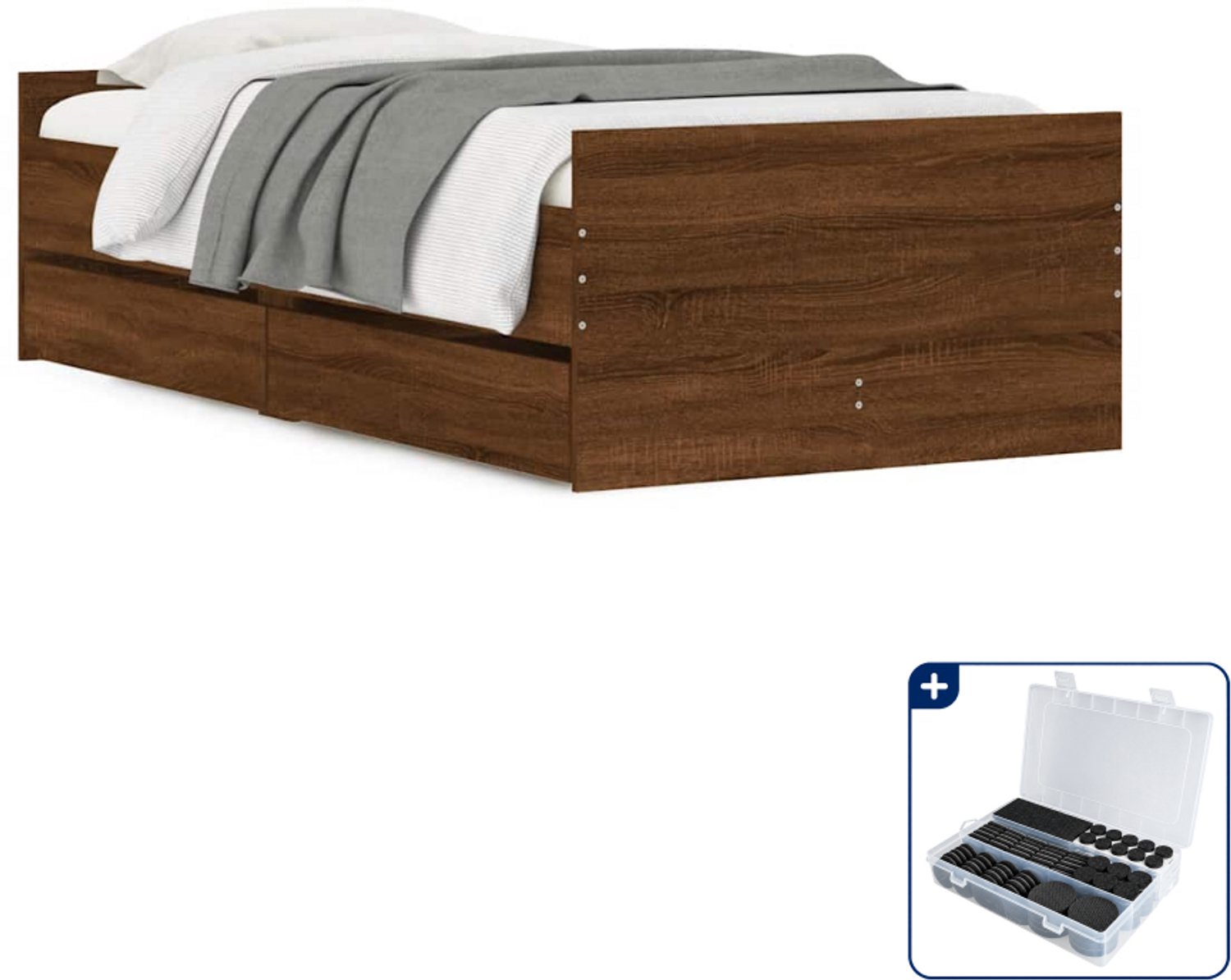 vidaXL bedframe met lades - 100 x 200 cm - bewerkt hout - bruineiken - Inclusief antikrasvilt 177-delig Crème