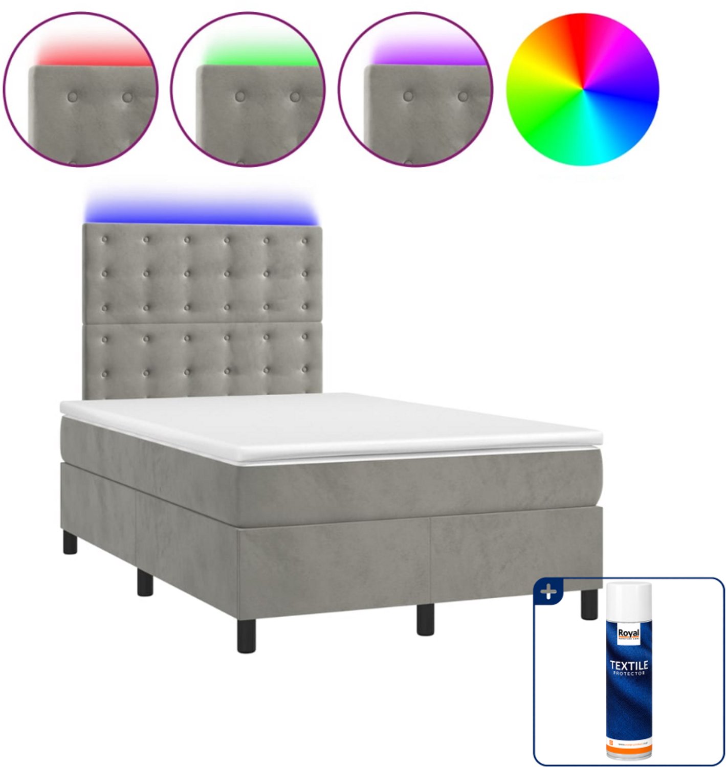 vidaXL boxspring met matras en led - 120 x 200 cm - fluweel - lichtgrijs - Inclusief textielbeschermer 500 ml