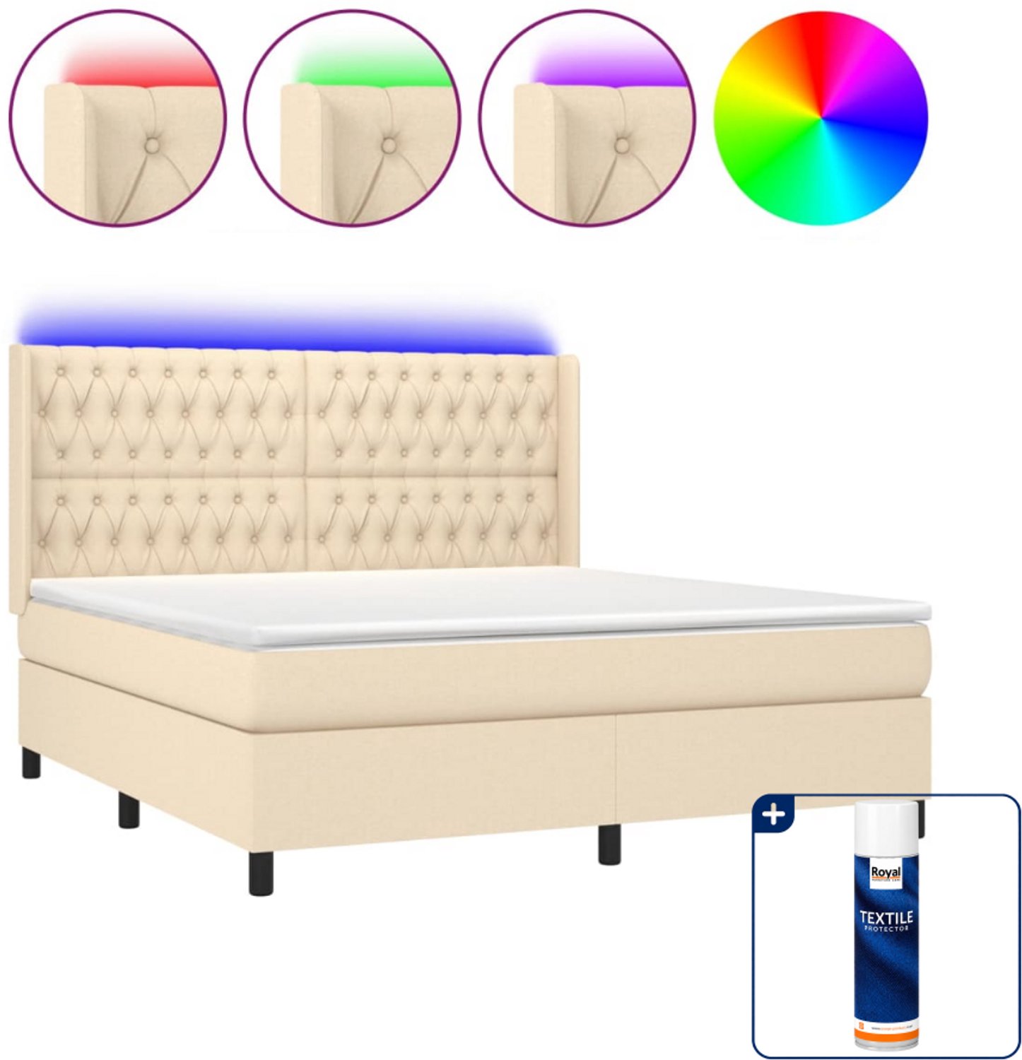 vidaXL Kingsize boxspring met matras en LED - 180 x 200 cm - crème - Inclusief textielbeschermer 500 ml