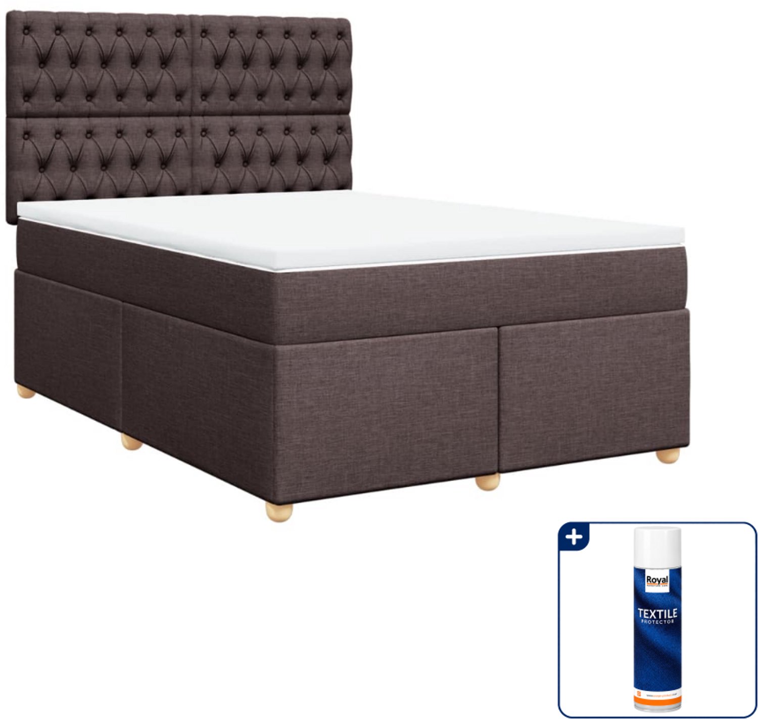 vidaXL boxspring met matras - 140 x 190 cm - stof - donkerbruin - Inclusief textielbeschermer 500 ml