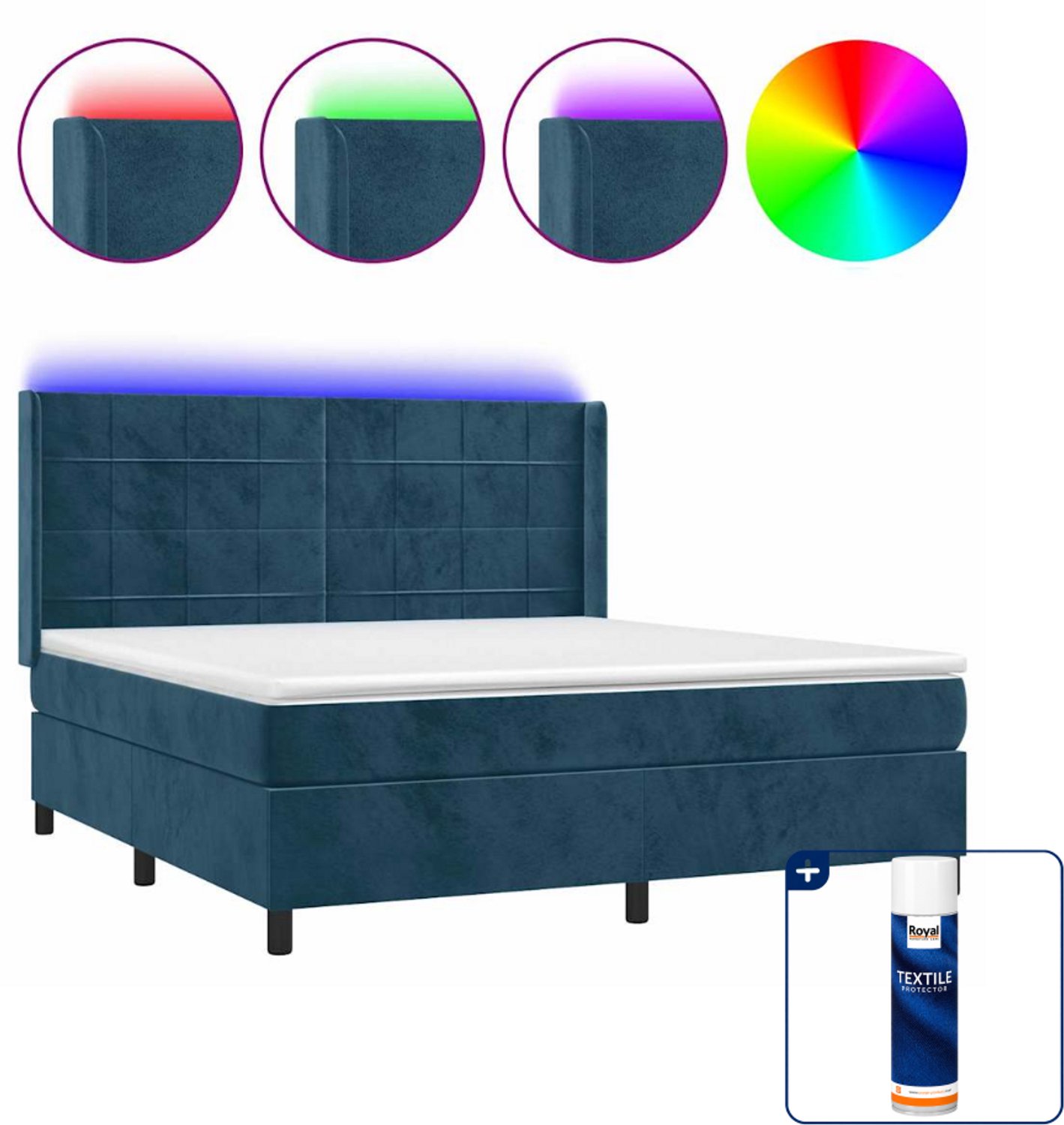 vidaXL Queensize boxspring met matras en LED - 160 x 200 cm - blauw - Inclusief textielbeschermer 500 ml