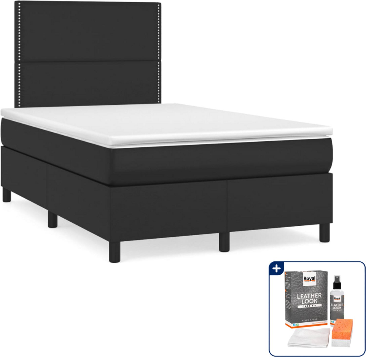 vidaXL boxspring met matras 120 x 200 cm - kunstleer - zwart - Inclusief onderhoudsset voor kunstleer 150 ml