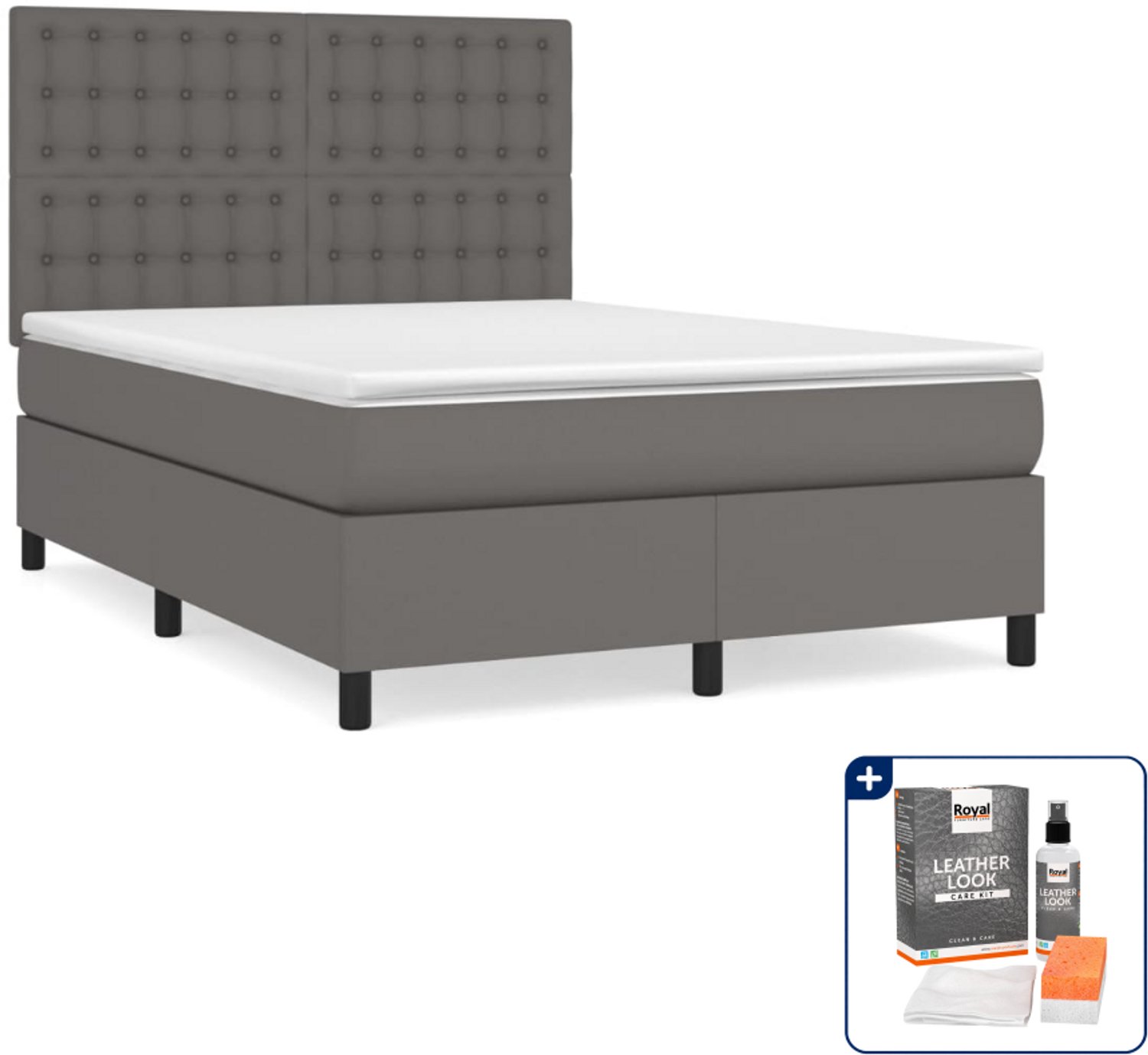 vidaXL boxspring met matras 140 x 190 cm - kunstleer - grijs - Inclusief onderhoudsset voor kunstleer 150 ml