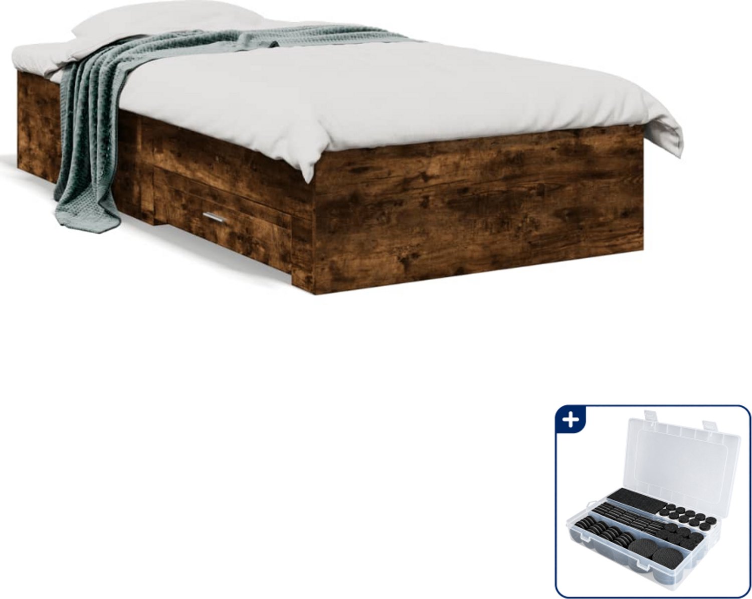vidaXL bedframe met lades - 90 x 190 cm - bewerkt hout - gerookt eiken - Inclusief antikrasvilt 177-delig