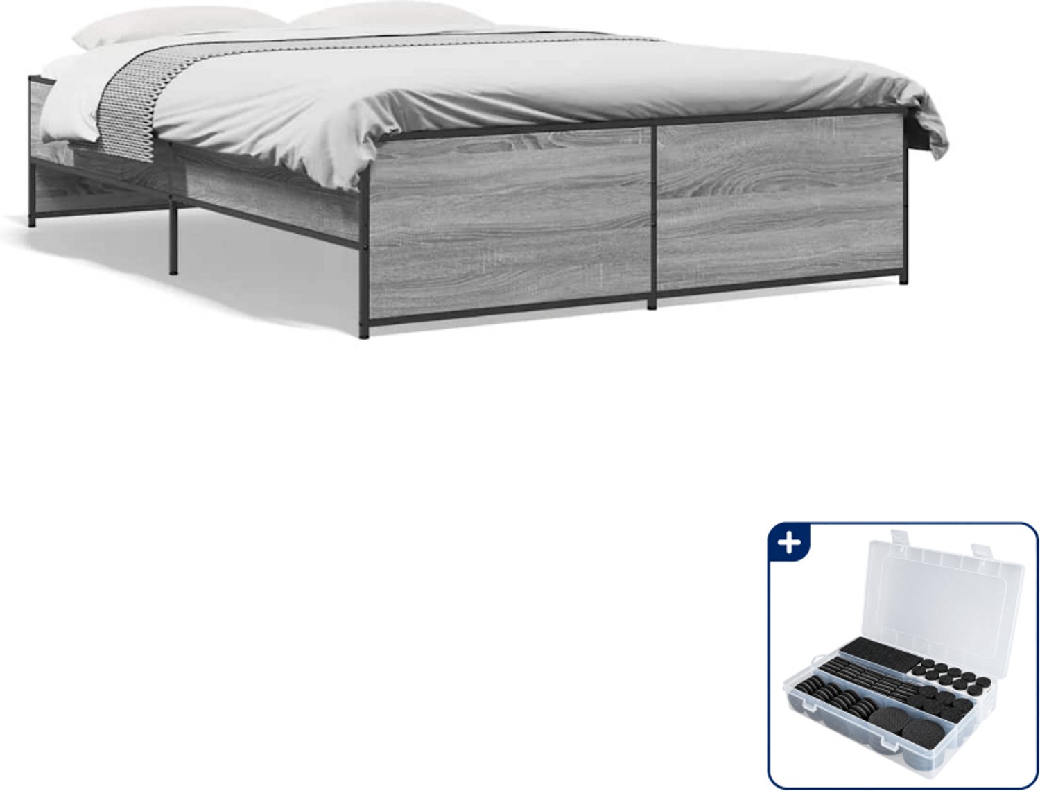 vidaXL bedframe - 140 x 190 cm - bewerkt hout en staal - grijs sonoma eiken - Inclusief antikrasvilt 177-delig