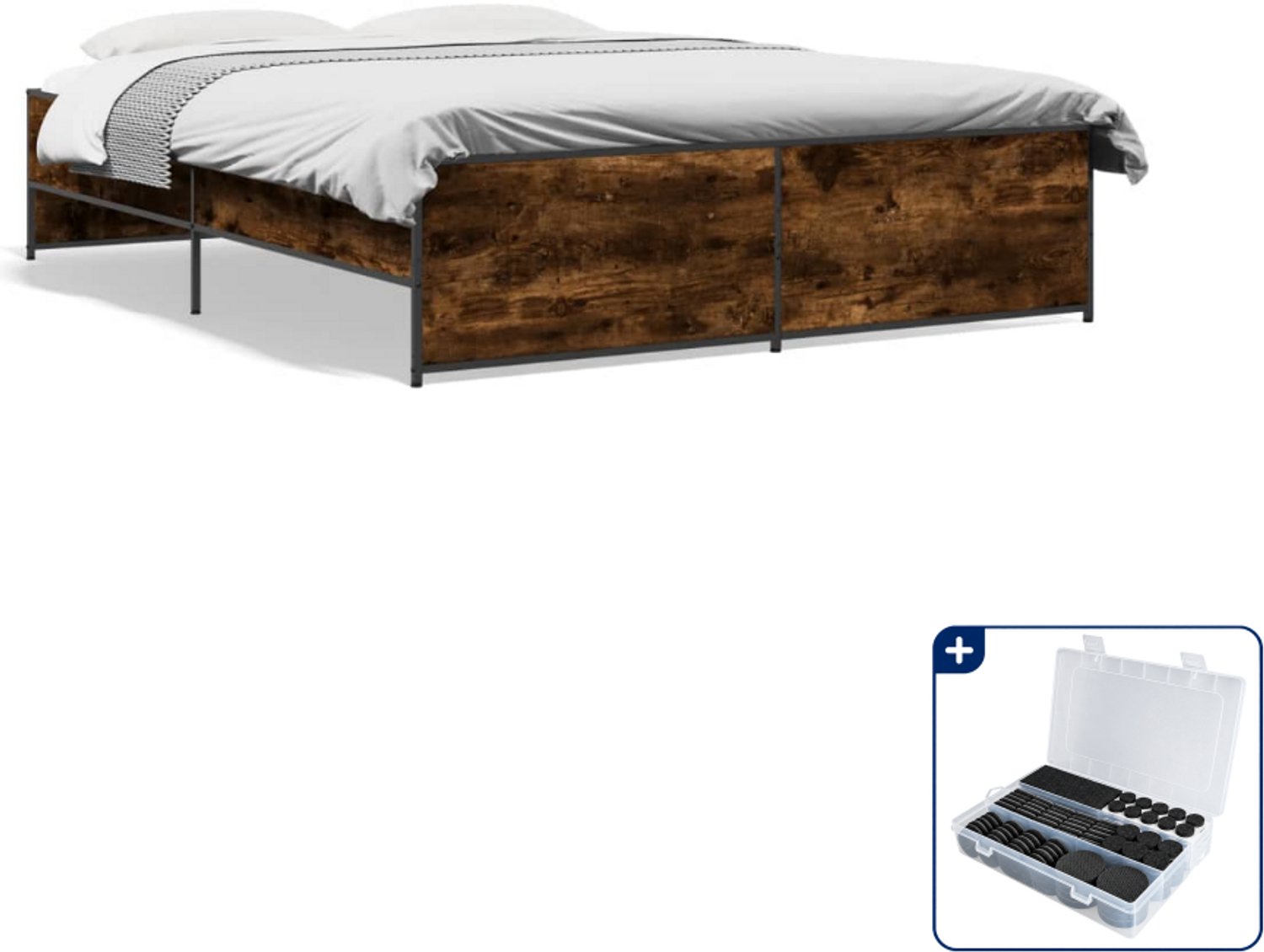 vidaXL bedframe Queensize - 160 x 200 cm - gerookt eiken - Inclusief antikrasvilt 177-delig