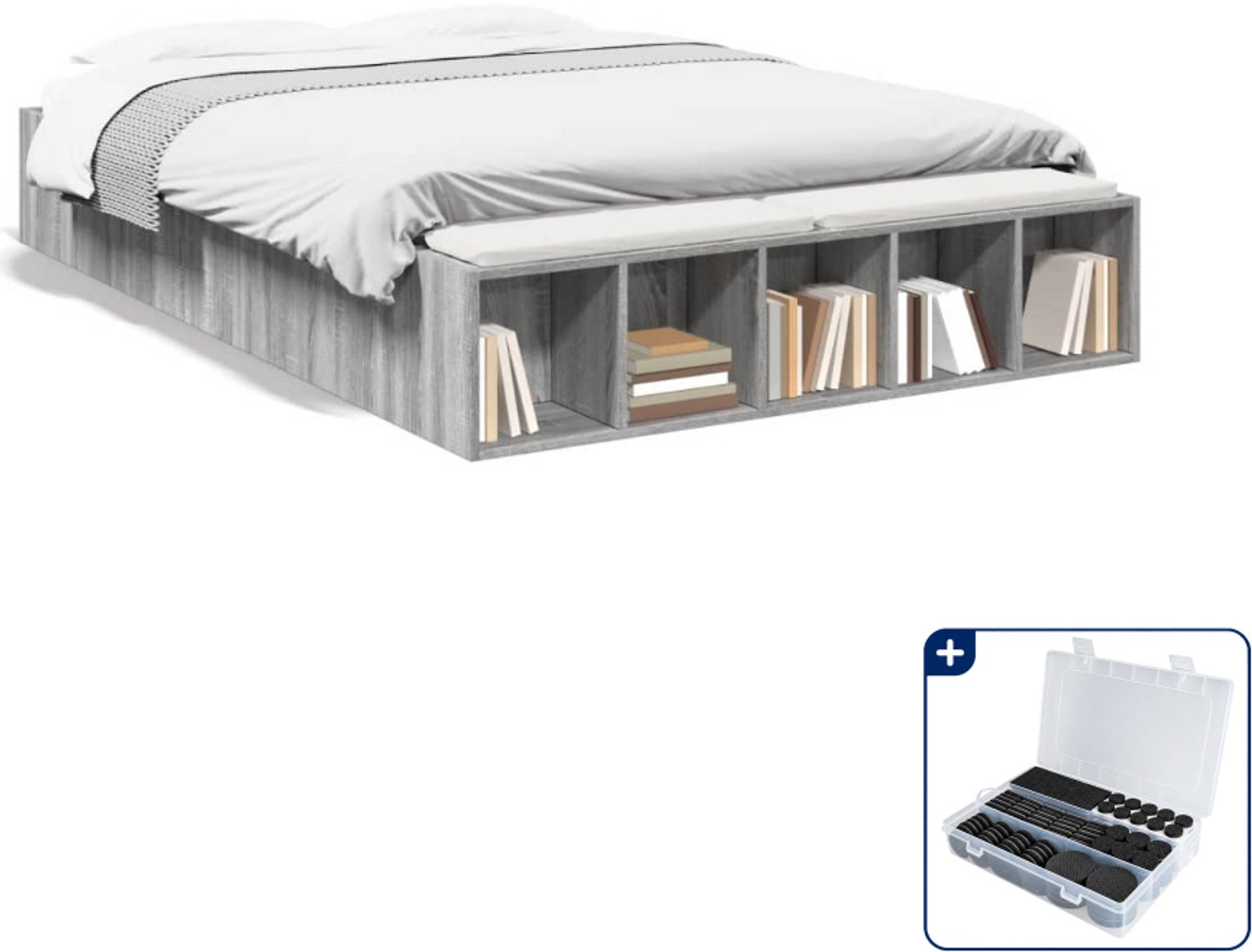 vidaXL bedframe - 135 x 190 cm - bewerkt hout - grijs sonoma - Inclusief antikrasvilt 177-delig