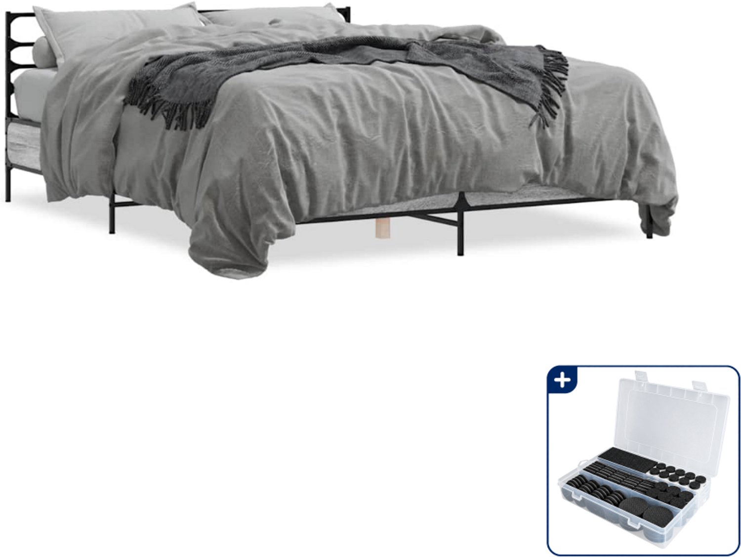 vidaXL bedframe - 150 x 200 cm - bewerkt hout en metaal - grijs - Inclusief antikrasvilt 177-delig