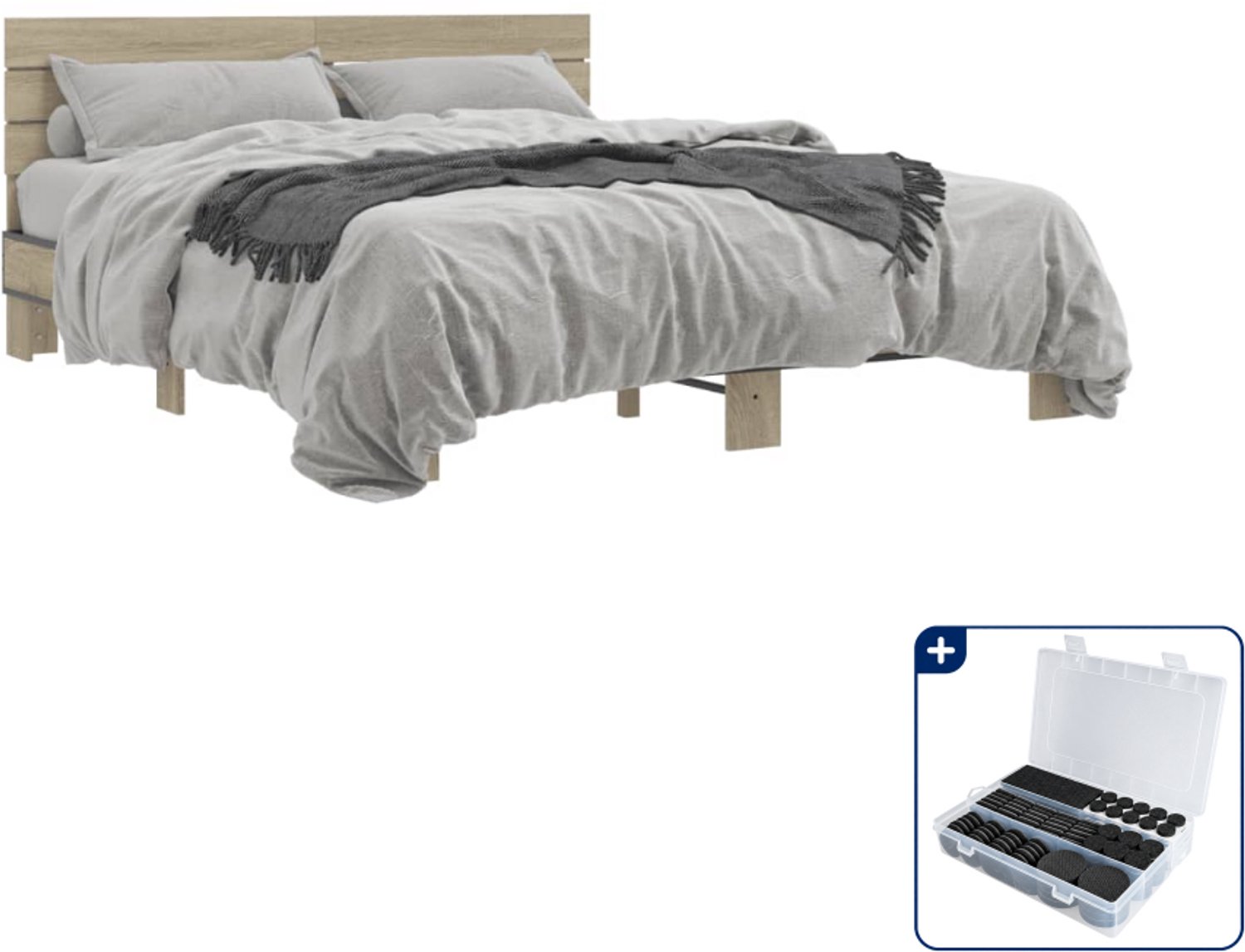vidaXL bedframe - 150 x 200 cm - bewerkt hout en metaal - sonoma eiken - Inclusief antikrasvilt 177-delig Grijs
