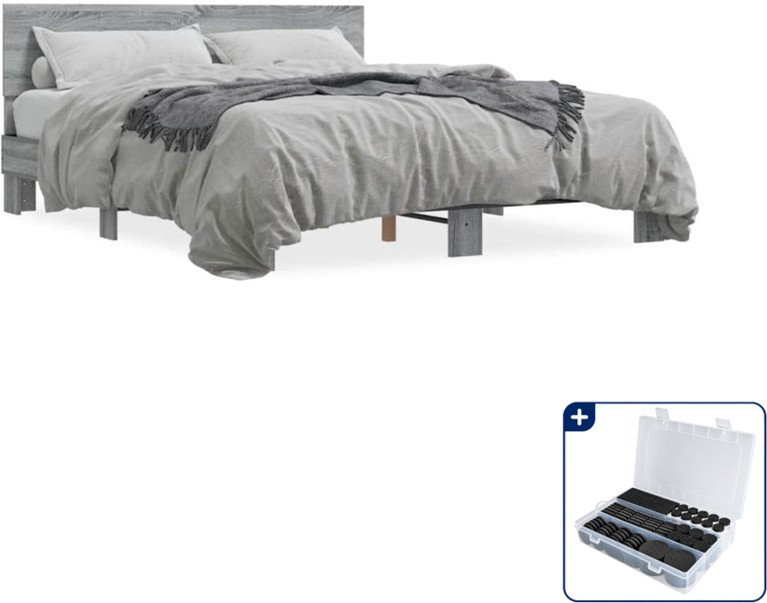 vidaXL bedframe - 150 x 200 cm - grijs sonoma eiken - Inclusief antikrasvilt 177-delig Bruin