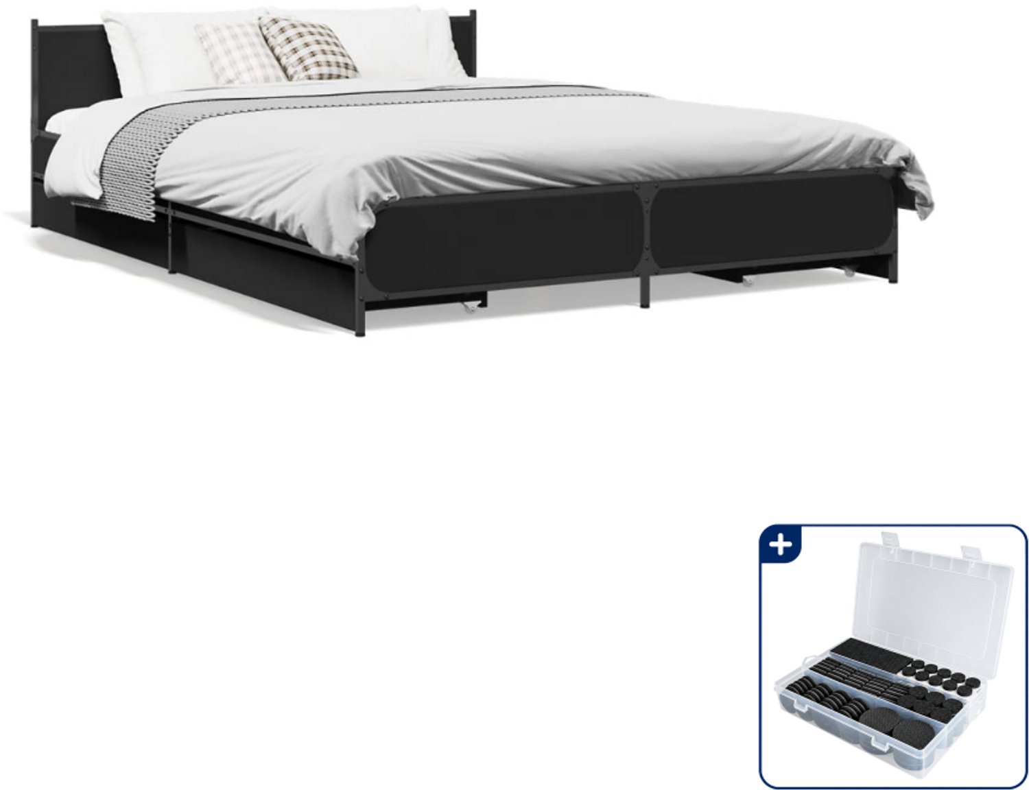 vidaXL bedframe met lades - 135 x 190 cm - bewerkt hout - zwart - Inclusief antikrasvilt 177-delig Grijs
