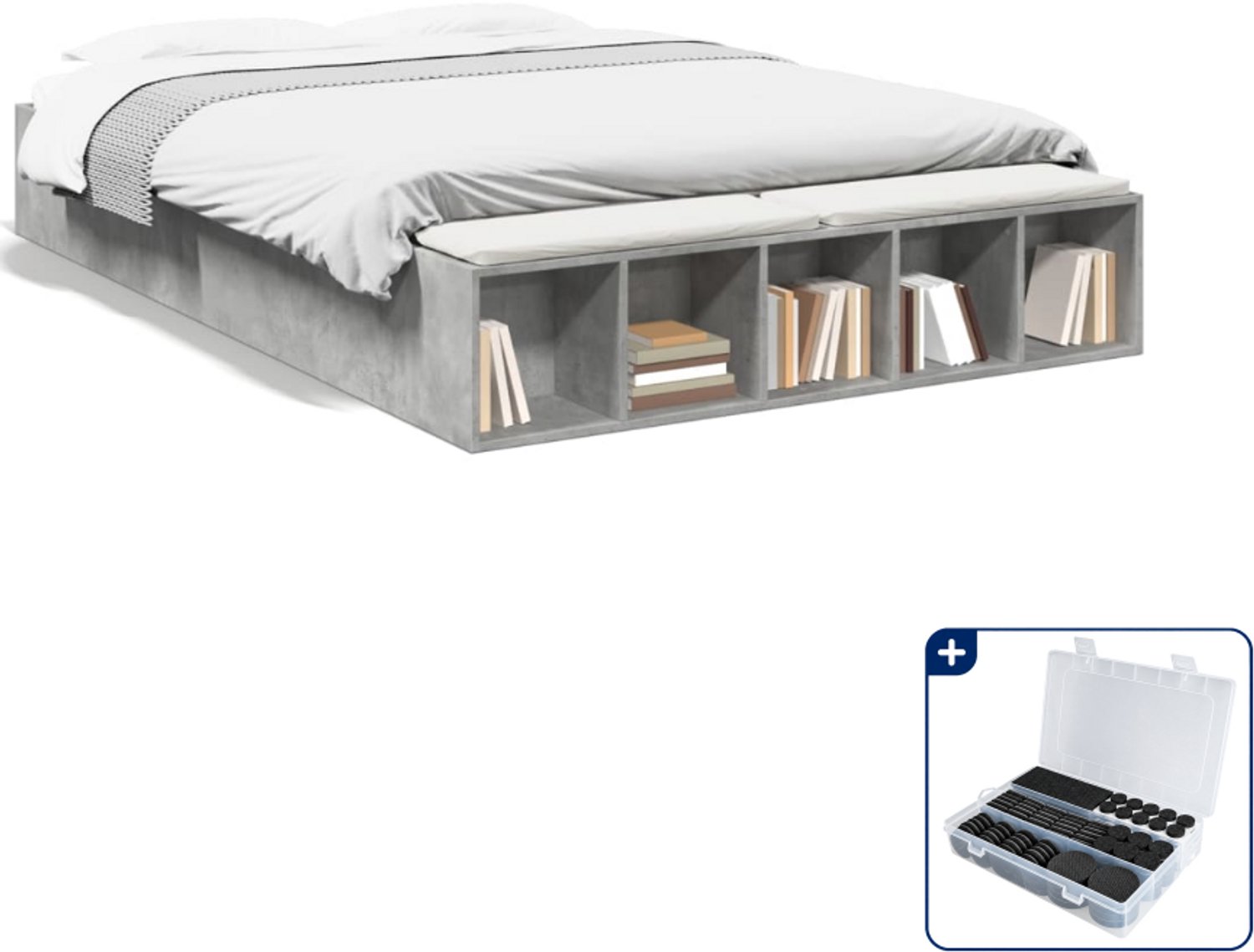 vidaXL Queensize bedframe - 160 x 200 cm - bewerkt hout - betongrijs - Inclusief antikrasvilt 177-delig