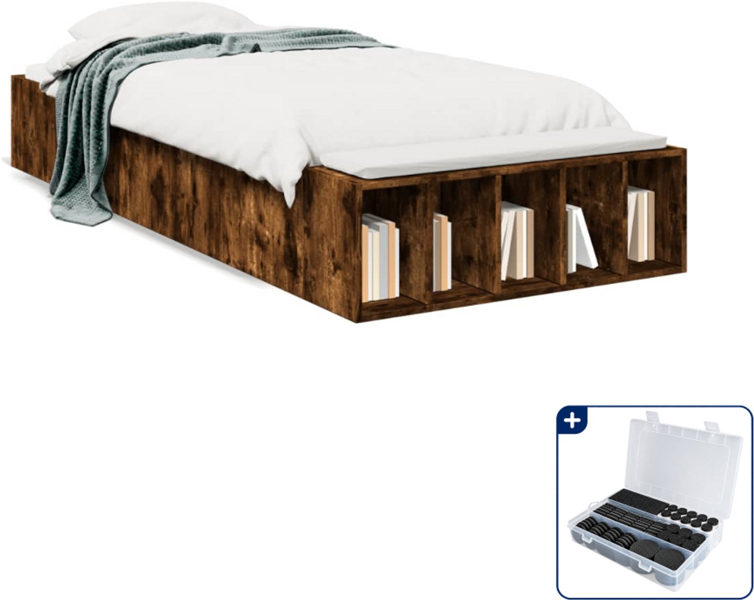 vidaXL bedframe - 75 x 190 cm - bewerkt hout - gerookt eiken - Inclusief antikrasvilt 177-delig Bruin