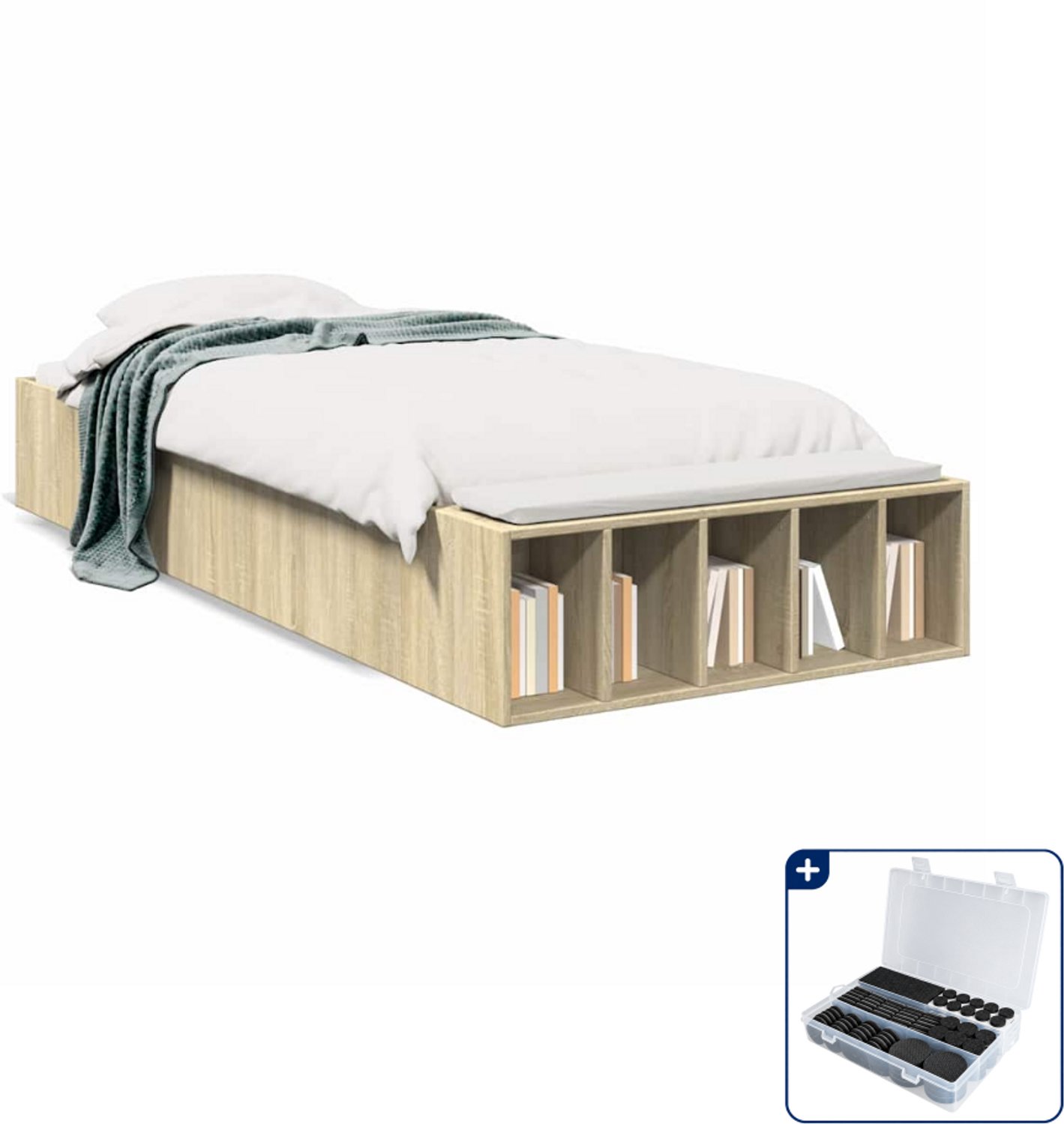 vidaXL bedframe - 90 x 200 cm - bewerkt hout - sonoma eiken - Inclusief antikrasvilt 177-delig Bruin