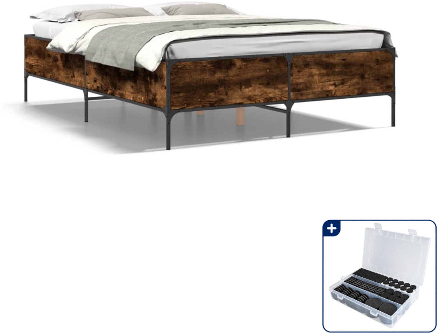 vidaXL Bedframe - 135 x 190 cm - bewerkt hout en staal - gerookt eiken - Inclusief antikrasvilt 177-delig Bruin