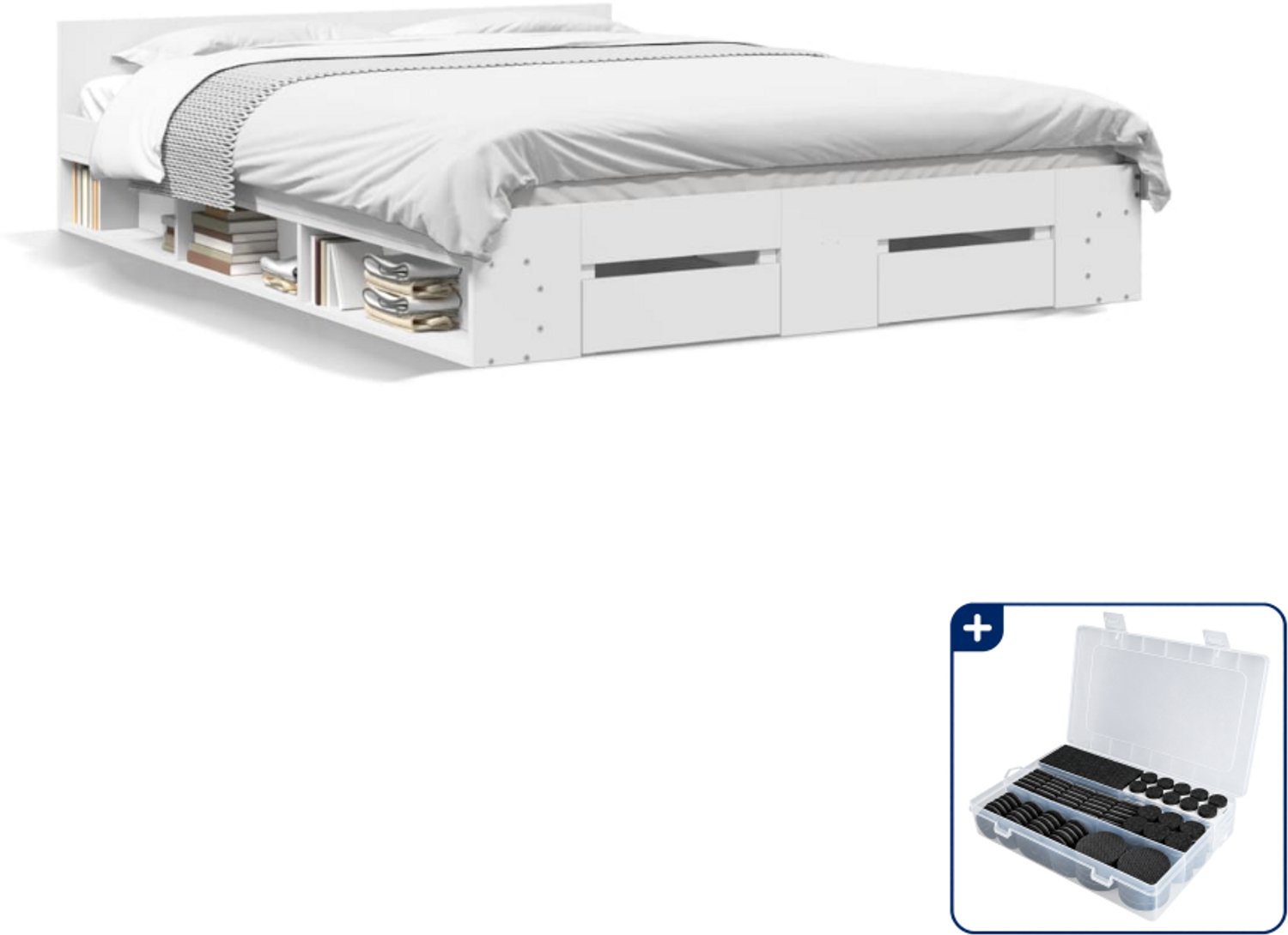 vidaXL Queensize bedframe met lades - 160 x 200 cm - wit - Inclusief antikrasvilt 177-delig