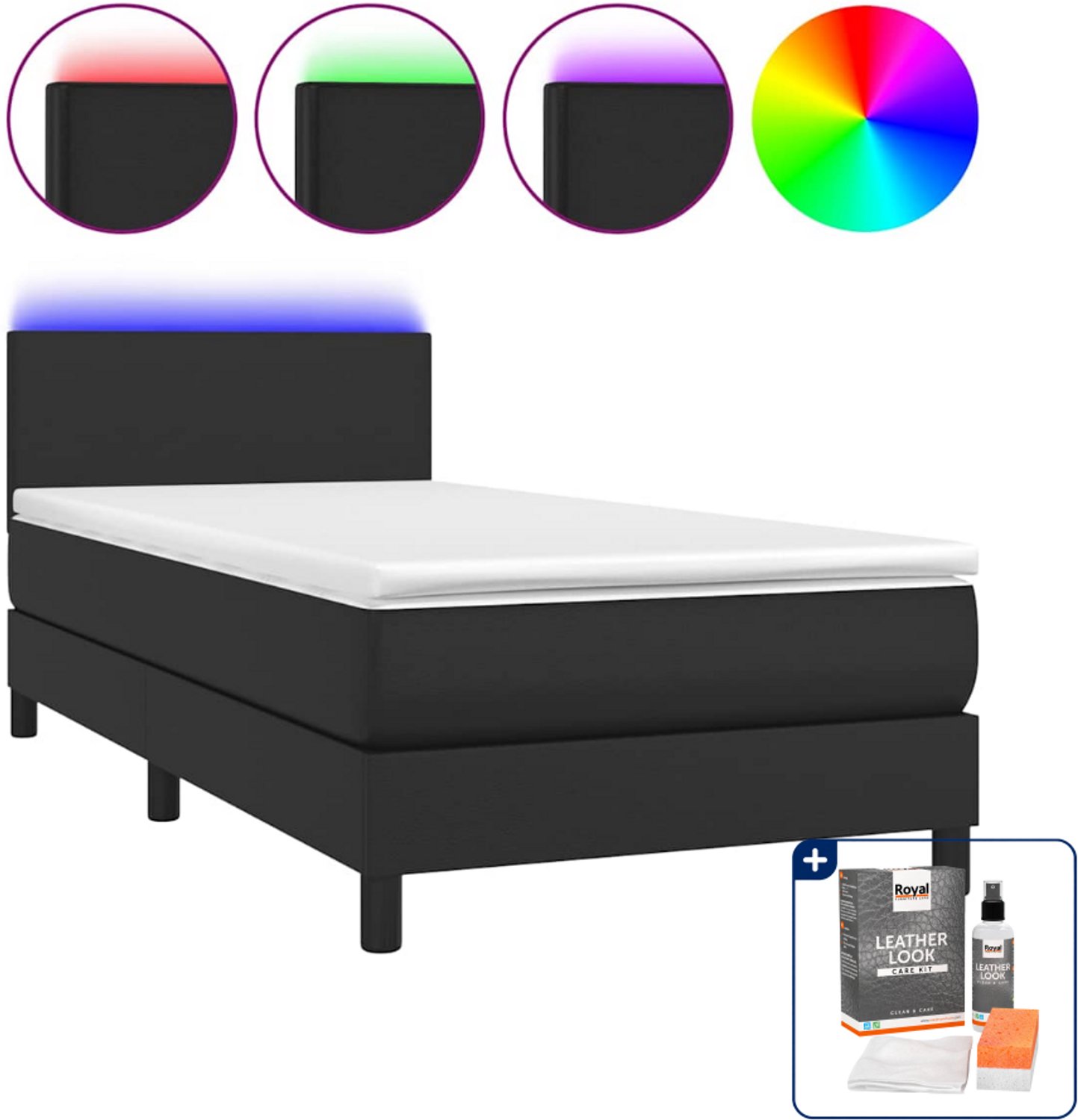 vidaXL boxspring met matras en led - 90 x 190 cm - kunstleer - zwart - Inclusief onderhoudsset voor kunstleer 150 ml