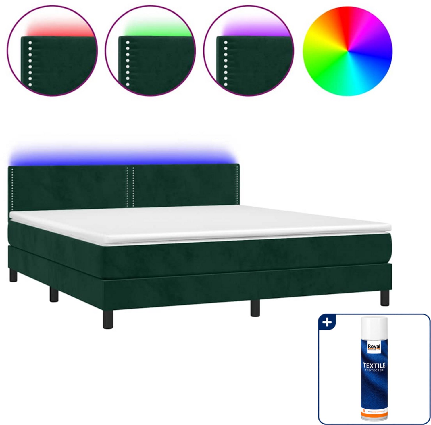 vidaXL boxspring met matras en LED - Kingsize - 180 x 200 cm - fluweel - donkergroen - Inclusief textielbeschermer 500 ml