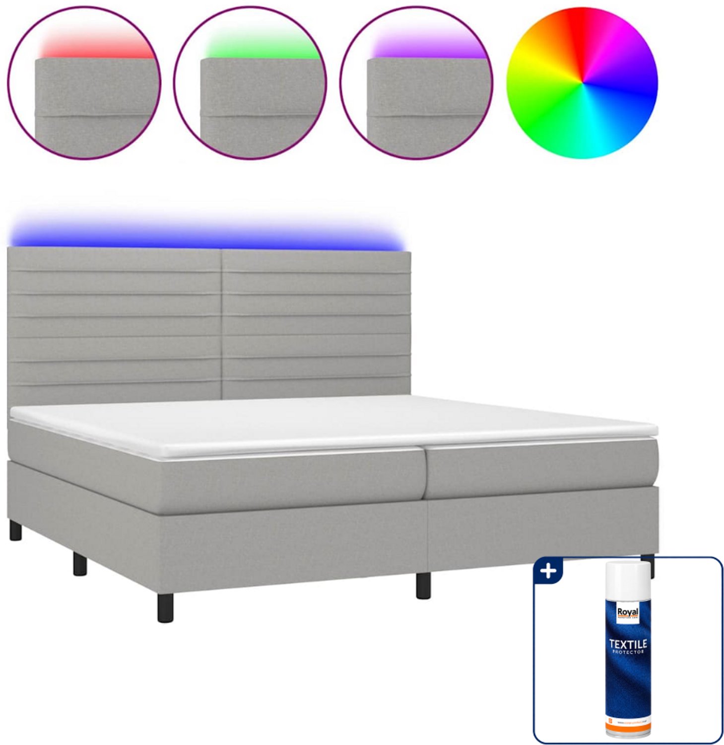 vidaXL Boxspring met matras en LED - Super kingsize - lichtgrijs - Inclusief textielbeschermer 500 ml