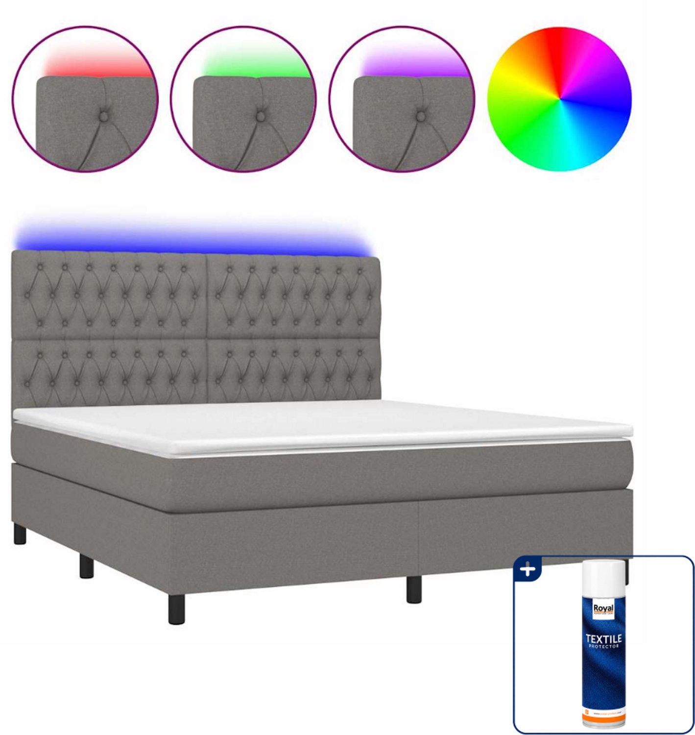 vidaXL boxspring met matras en LED - Queensize - donkergrijs - Inclusief textielbeschermer 500 ml