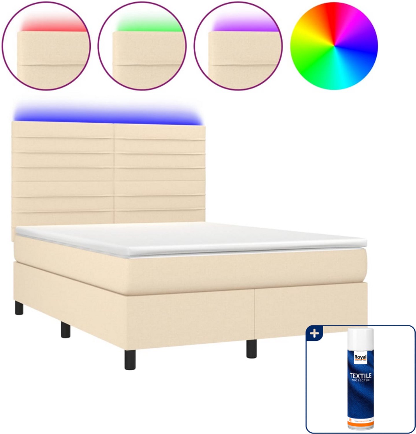 vidaXL boxspring met matras en led - 140 x 190 cm - crème - Inclusief textielbeschermer 500 ml
