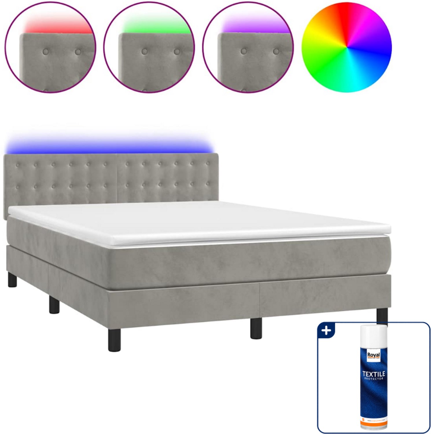 vidaXL Boxspring met matras en LED - 140 x 190 cm - fluweel - lichtgrijs - Inclusief textielbeschermer 500 ml